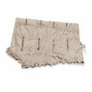 Khaki crinkle-pleated scarf folded flat, with silver and bronze thread stripes and a wavy ruffled hem
