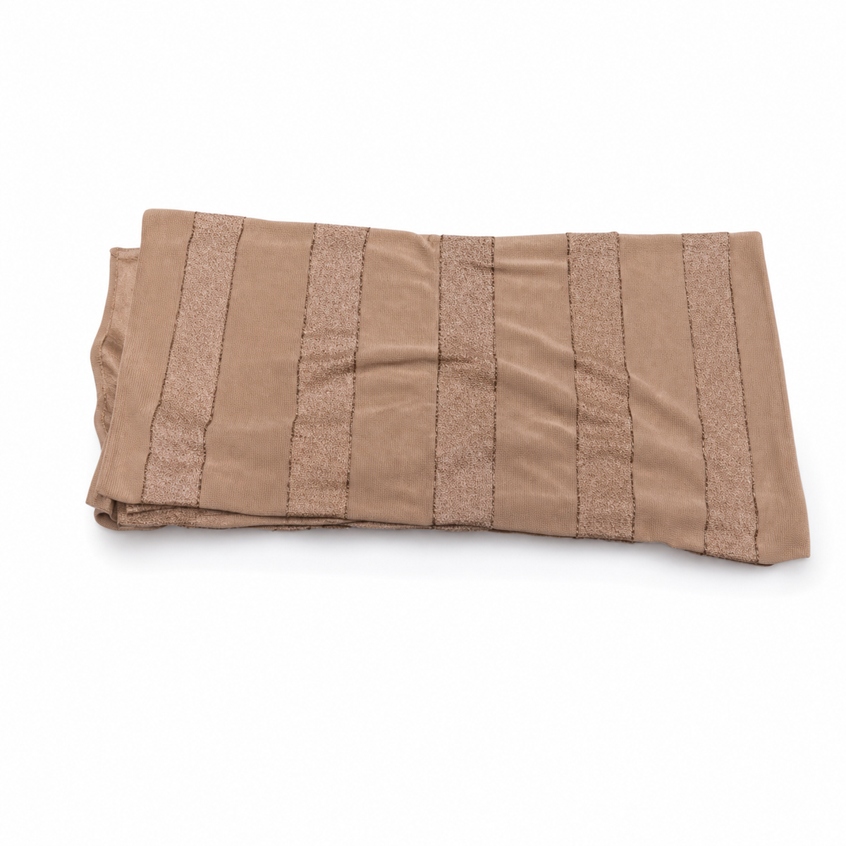 Camel-tan scarf with fine gold metallic stripes, folded, on a white background, 70 x 170 cm