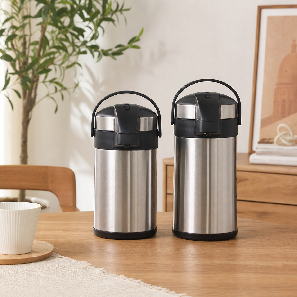 Two brushed stainless steel flasks with black lids and carry handles on a wooden table
