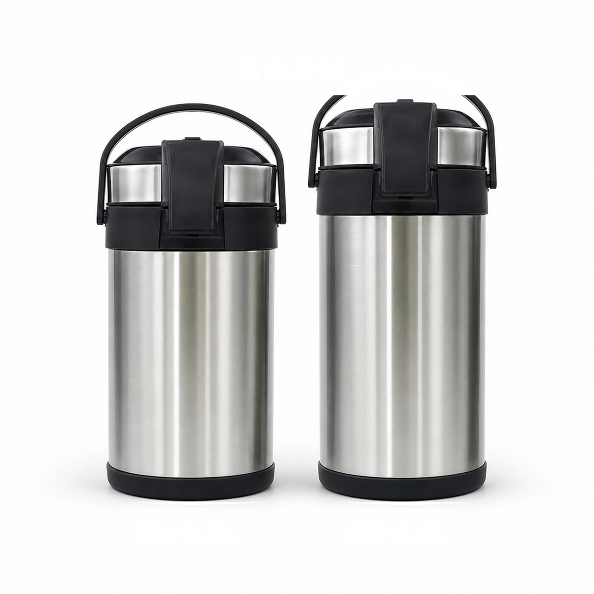 Two brushed stainless steel flasks with black lids and carry handles, 4 L and 5 L, side by side