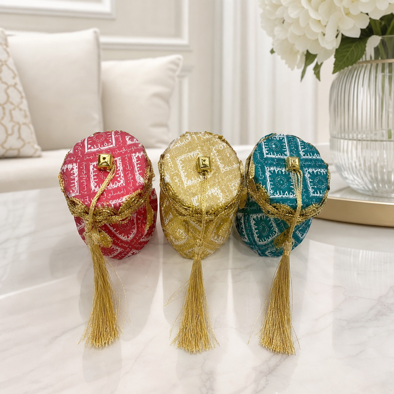 Three lidded pots in printed pink, gold and teal fabric with gold-tone tassels, on a marble table
