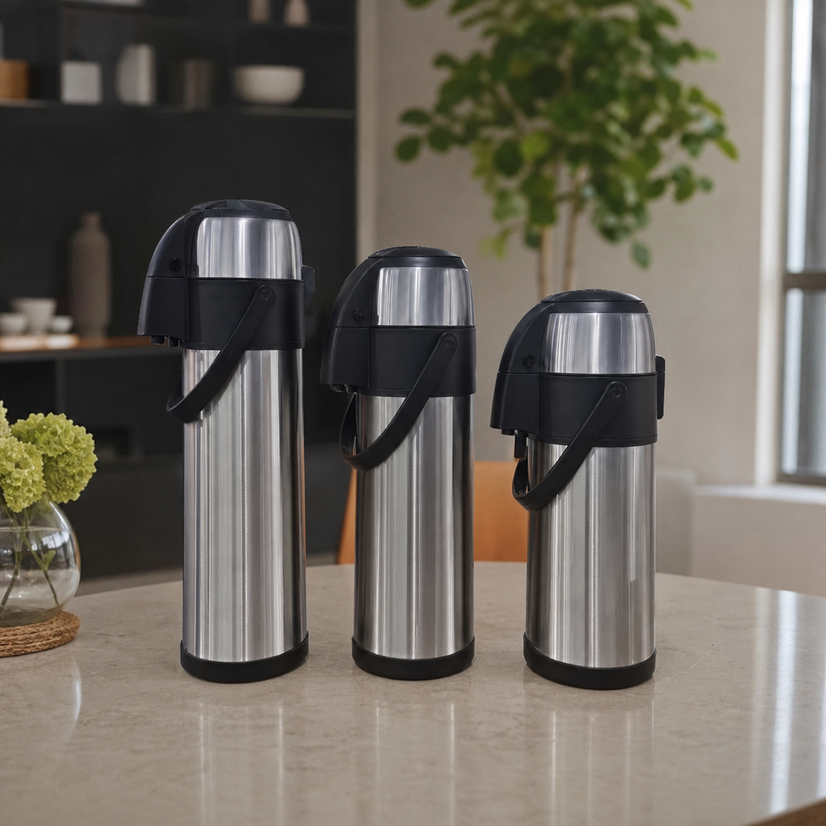 Three stainless steel flasks with black tops on a kitchen counter, largest to smallest