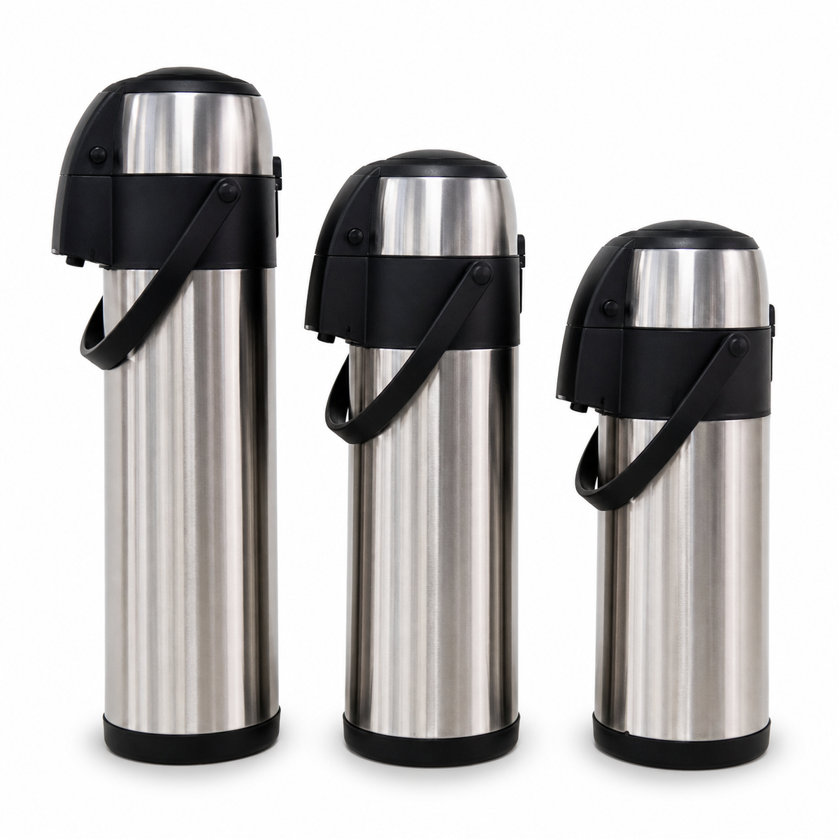 Three brushed stainless steel flasks in graduated sizes with black tops and fold-down handles