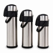 Three brushed stainless steel flasks in graduated sizes with black tops and fold-down handles