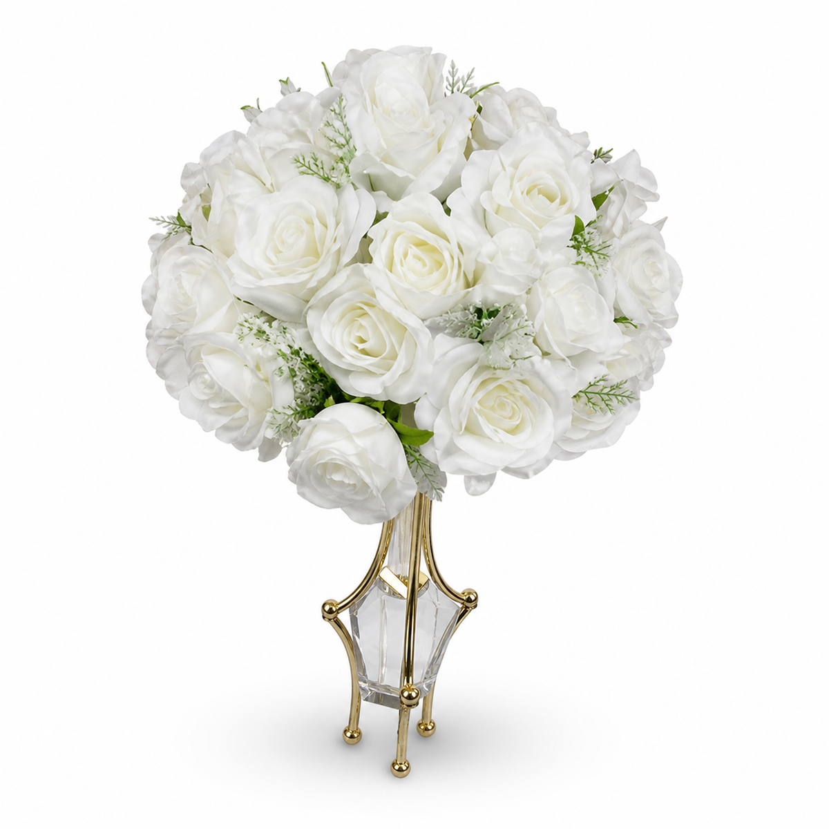White artificial rose posy in a clear faceted vessel held by a gold-tone frame on ball feet