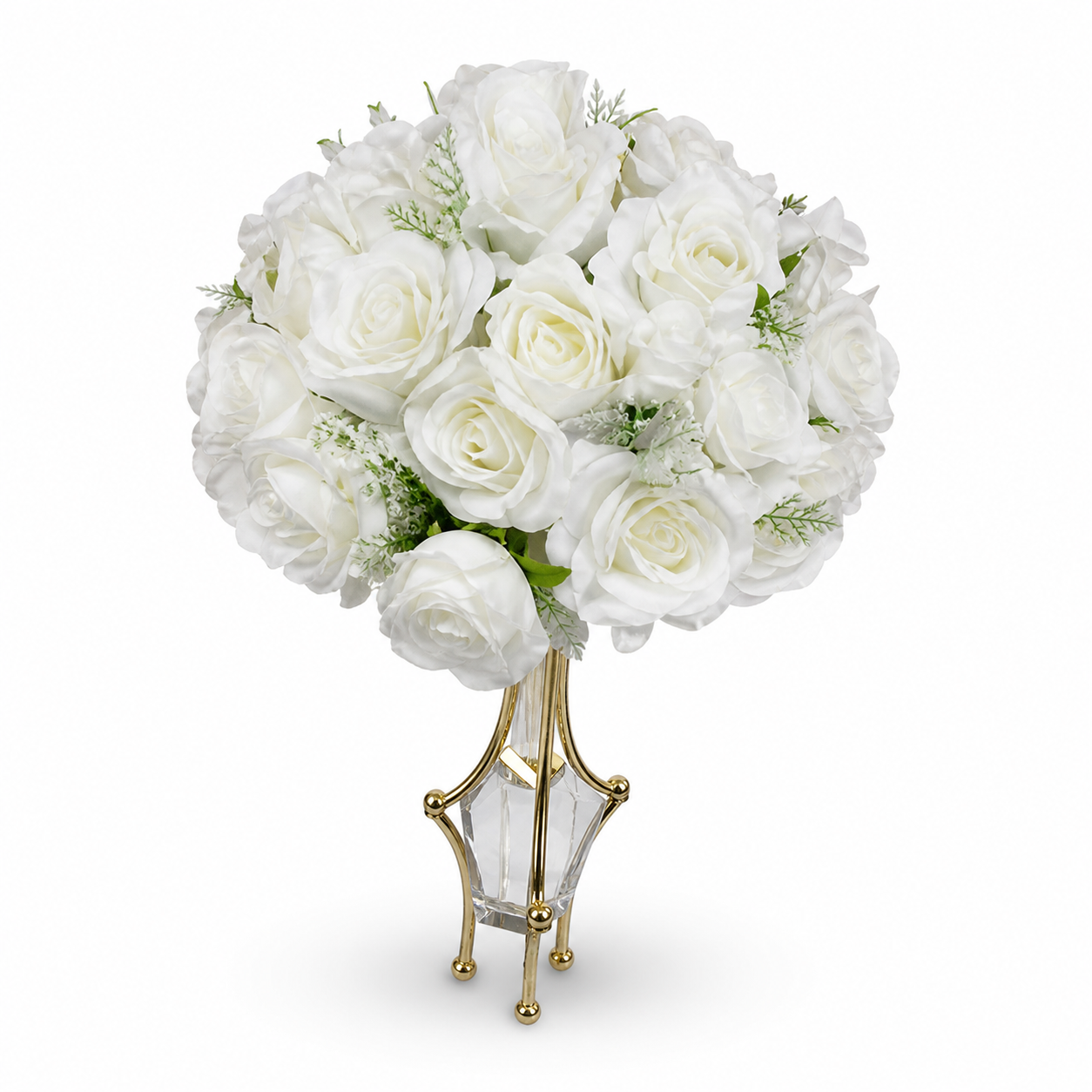 White artificial rose posy in a clear faceted vessel held by a gold-tone frame on ball feet