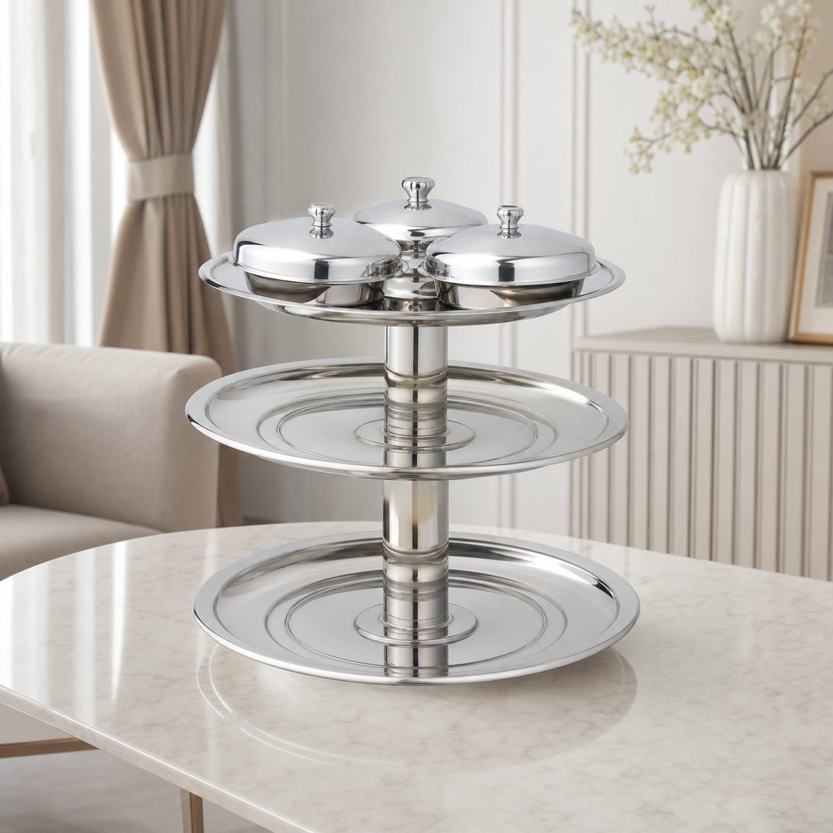 Silver stainless steel three-tier serving stand with three domed covered dishes, shown on a dining table