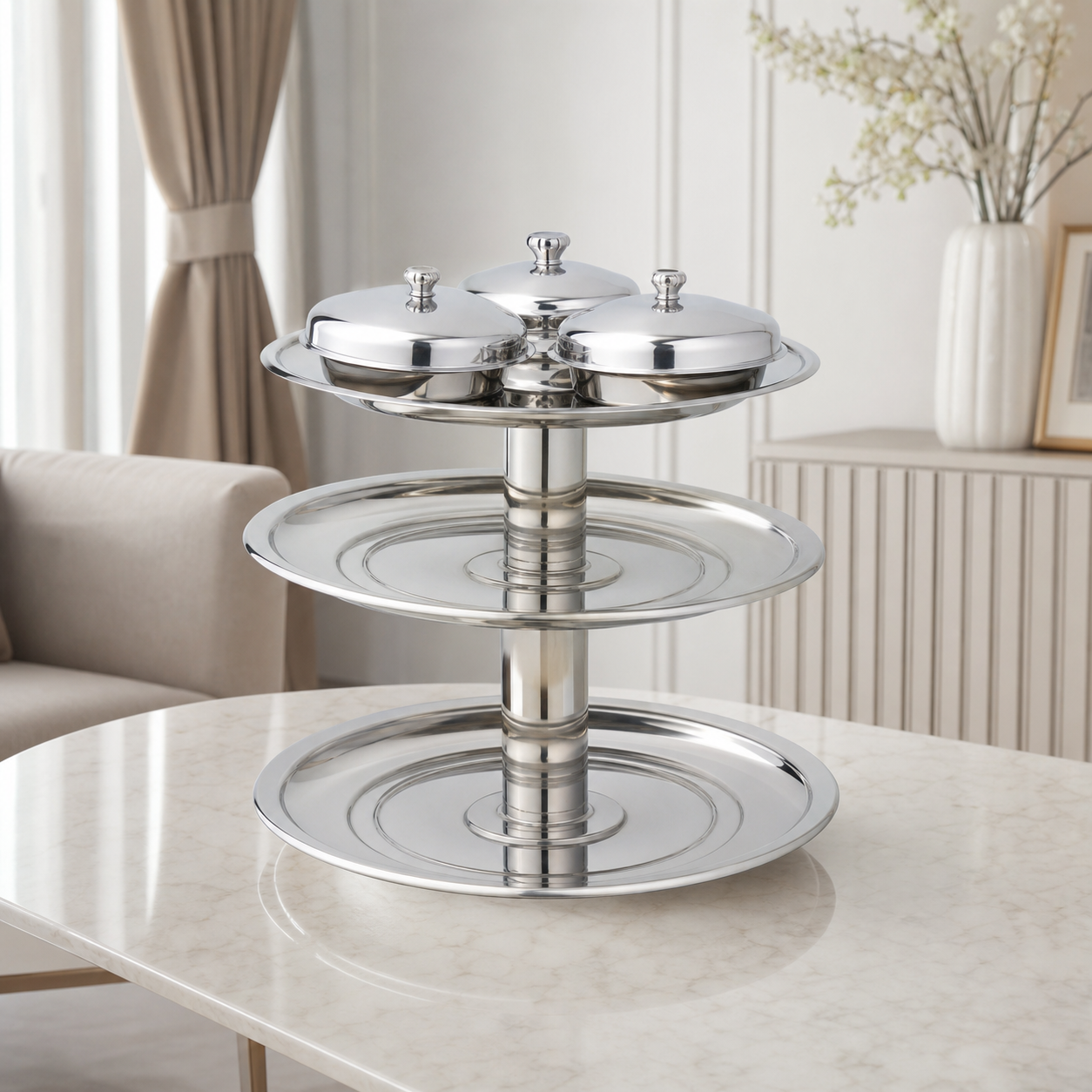 Silver stainless steel three-tier serving stand with three domed covered dishes, shown on a dining table