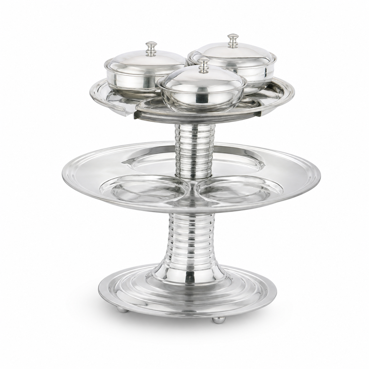 Silver stainless steel two-tier serving stand with three domed covered dishes on a footed pedestal base