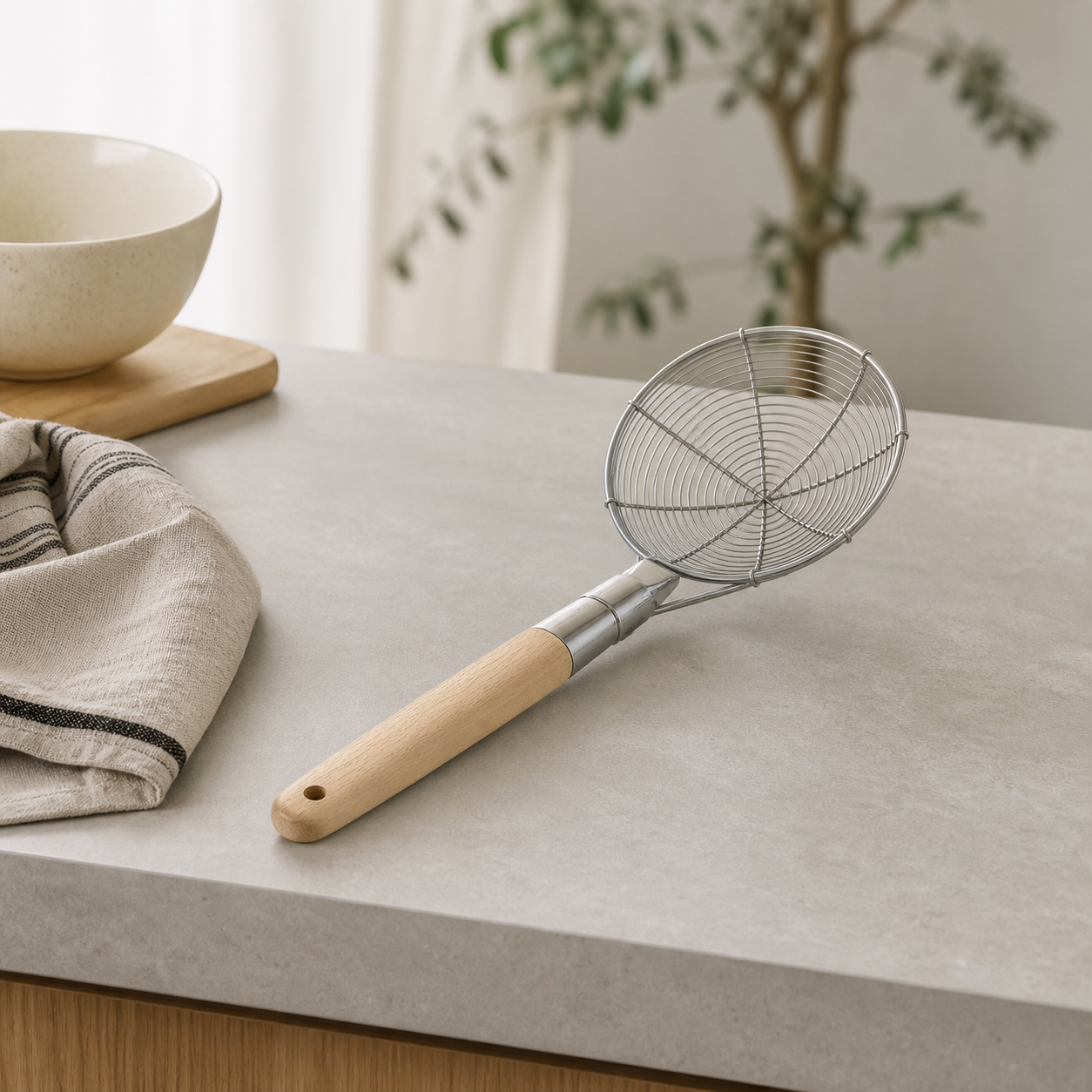 Wire mesh skimmer with wooden handle on a stone counter beside a bowl and linen cloth