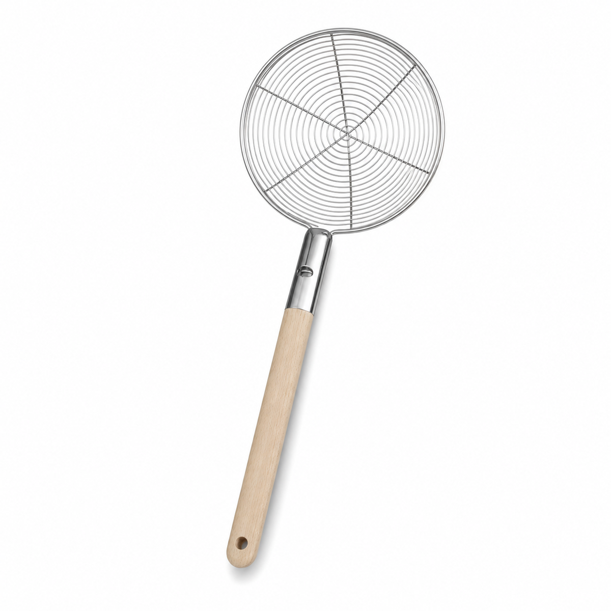 Round wire mesh skimmer with six radial spokes and a pale wooden handle, on white