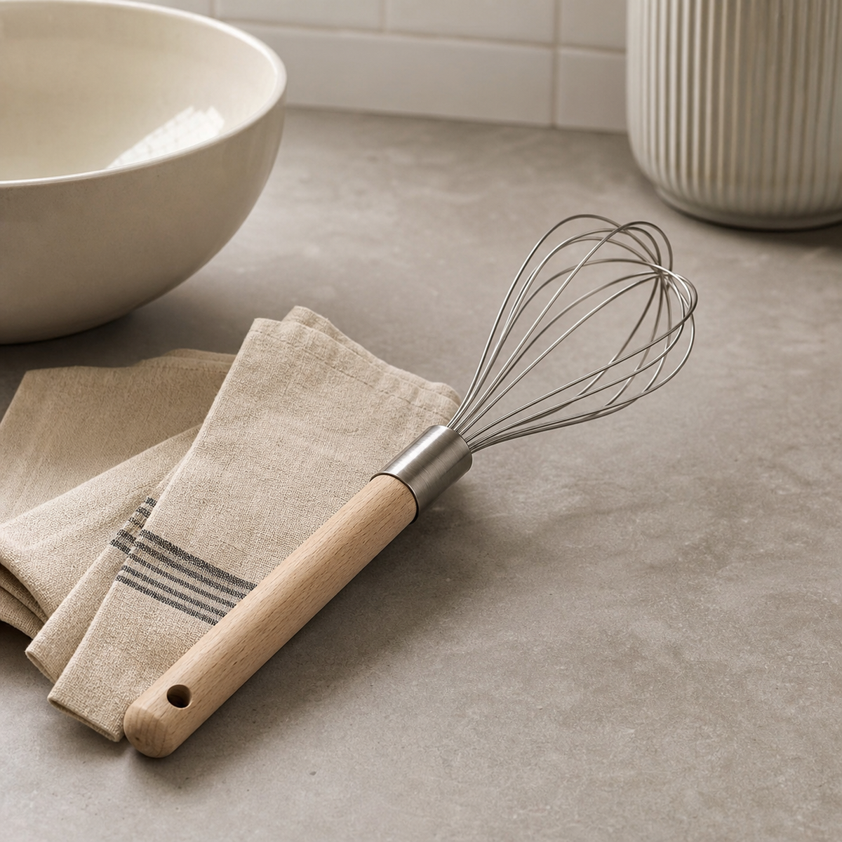 Wire whisk with tapered balloon head and pale wood handle on a stone counter with a linen towel