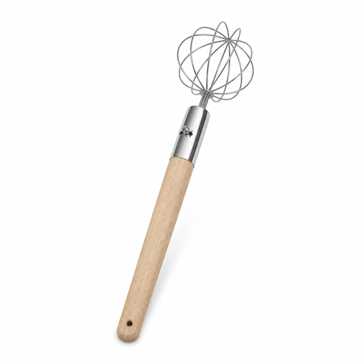 Wire whisk with rounded wire-cage head, polished metal ferrule and pale natural wood handle