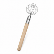 Wire whisk with rounded wire-cage head, polished metal ferrule and pale natural wood handle
