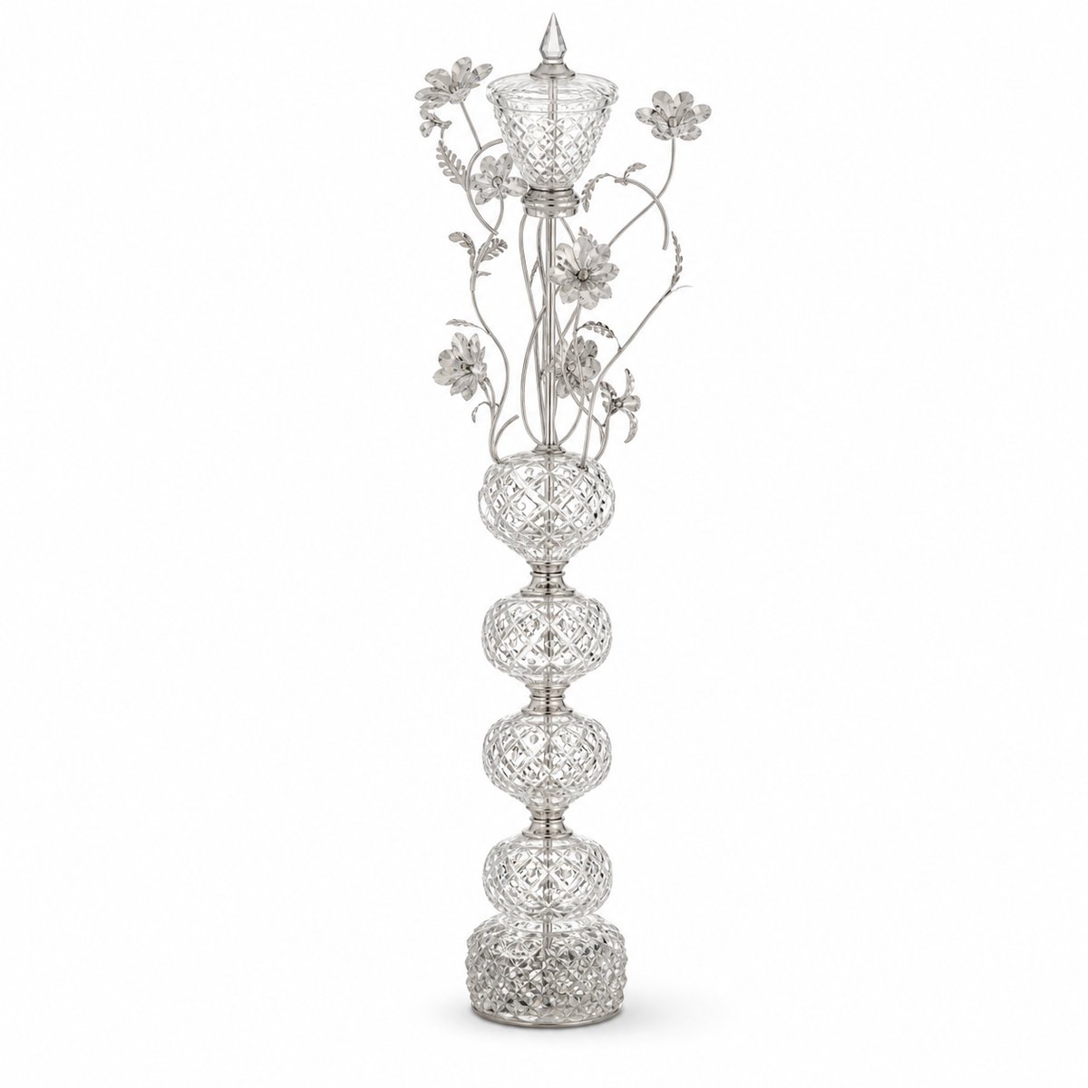 Chrome floral floor lamp with stacked bead spheres, topped by a lidded urn with a pointed finial