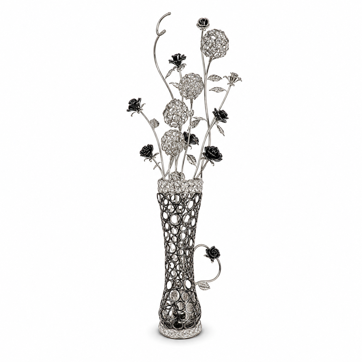 Silver-tone ring-work vase lamp with clear beaded ball blooms and black roses