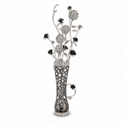 Silver-tone ring-work vase lamp with clear beaded ball blooms and black roses