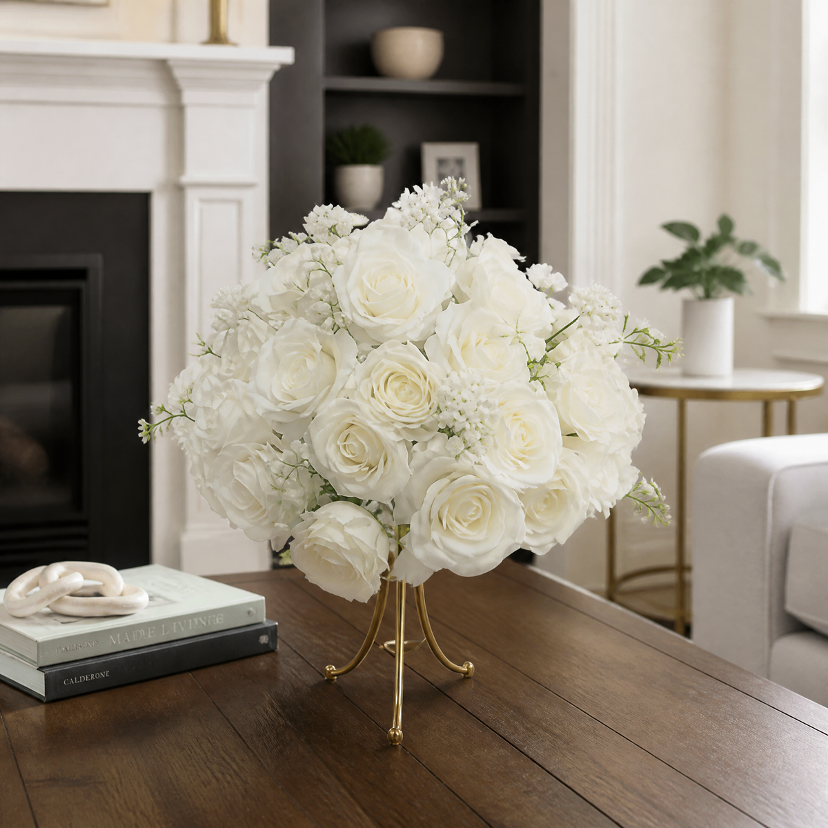 Round arrangement of white artificial roses on a slender gold stand 40 cm