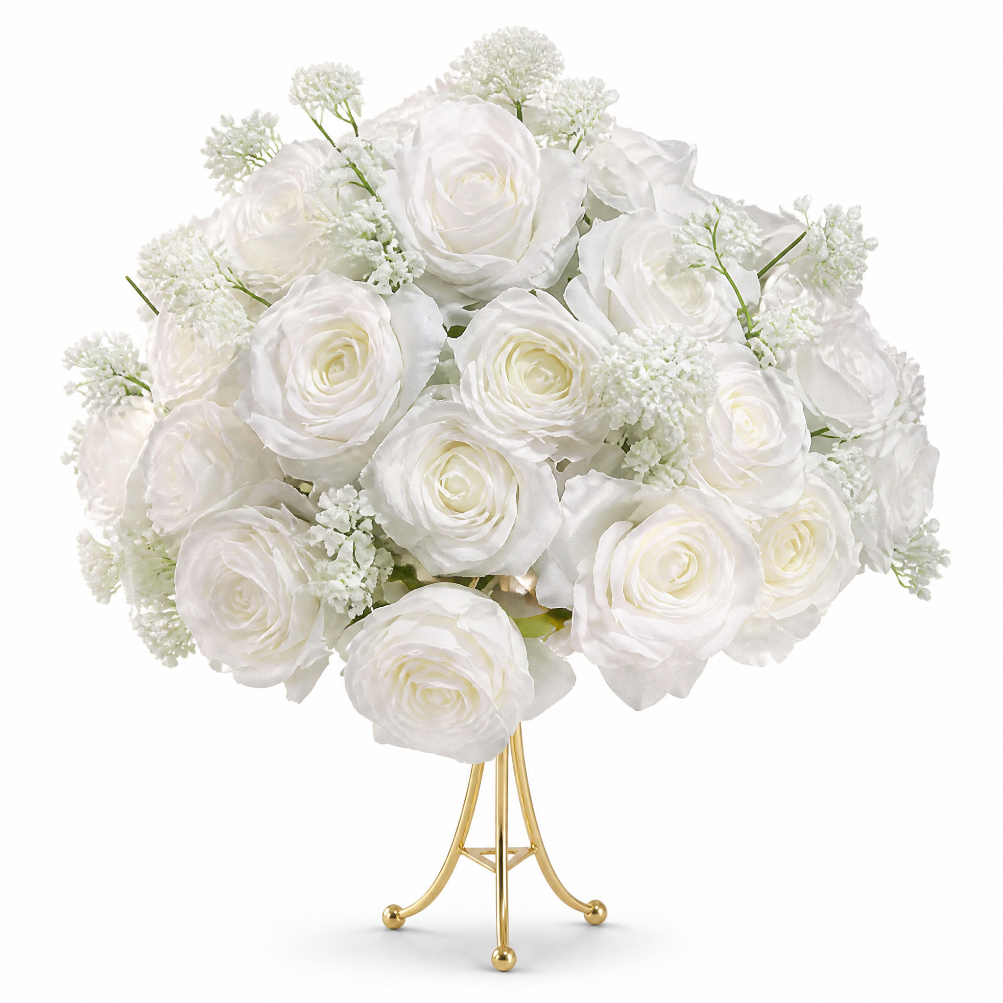 Round arrangement of white artificial roses on a slender gold stand 40 cm