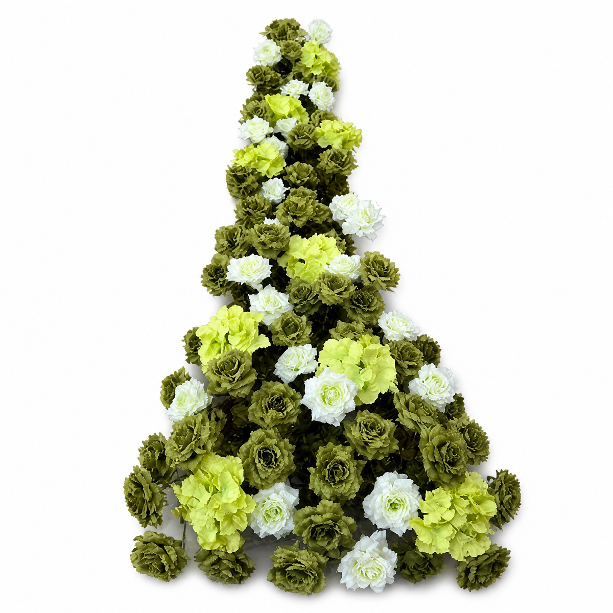 Row of artificial green and white roses arranged as a 2 m table runner