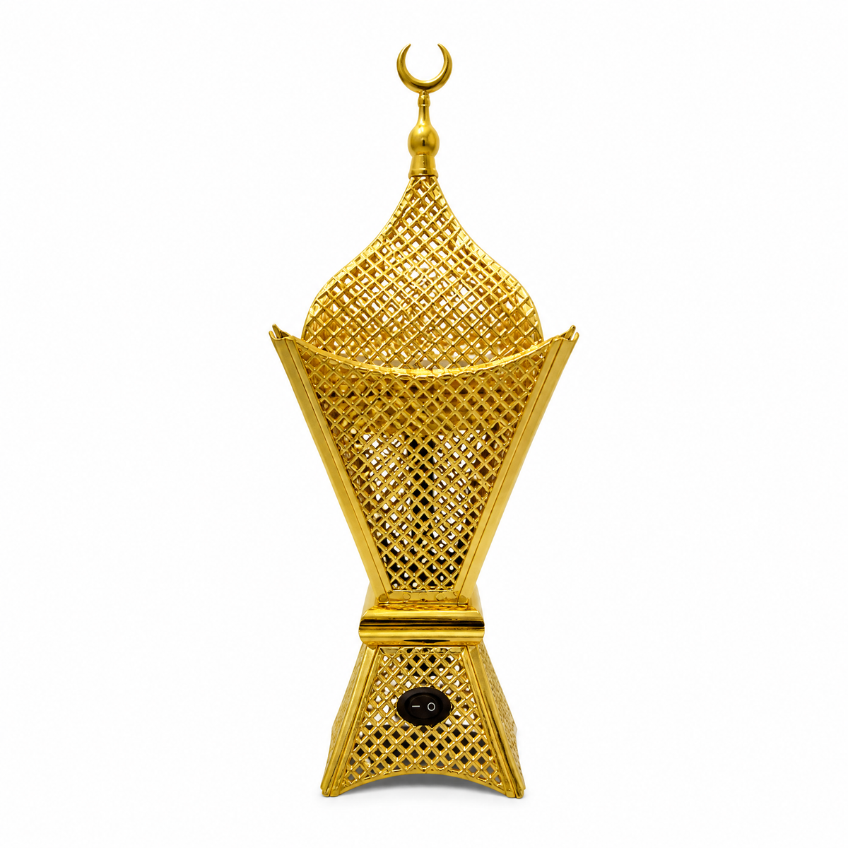Gold electric incense burner with a crescent moon finial