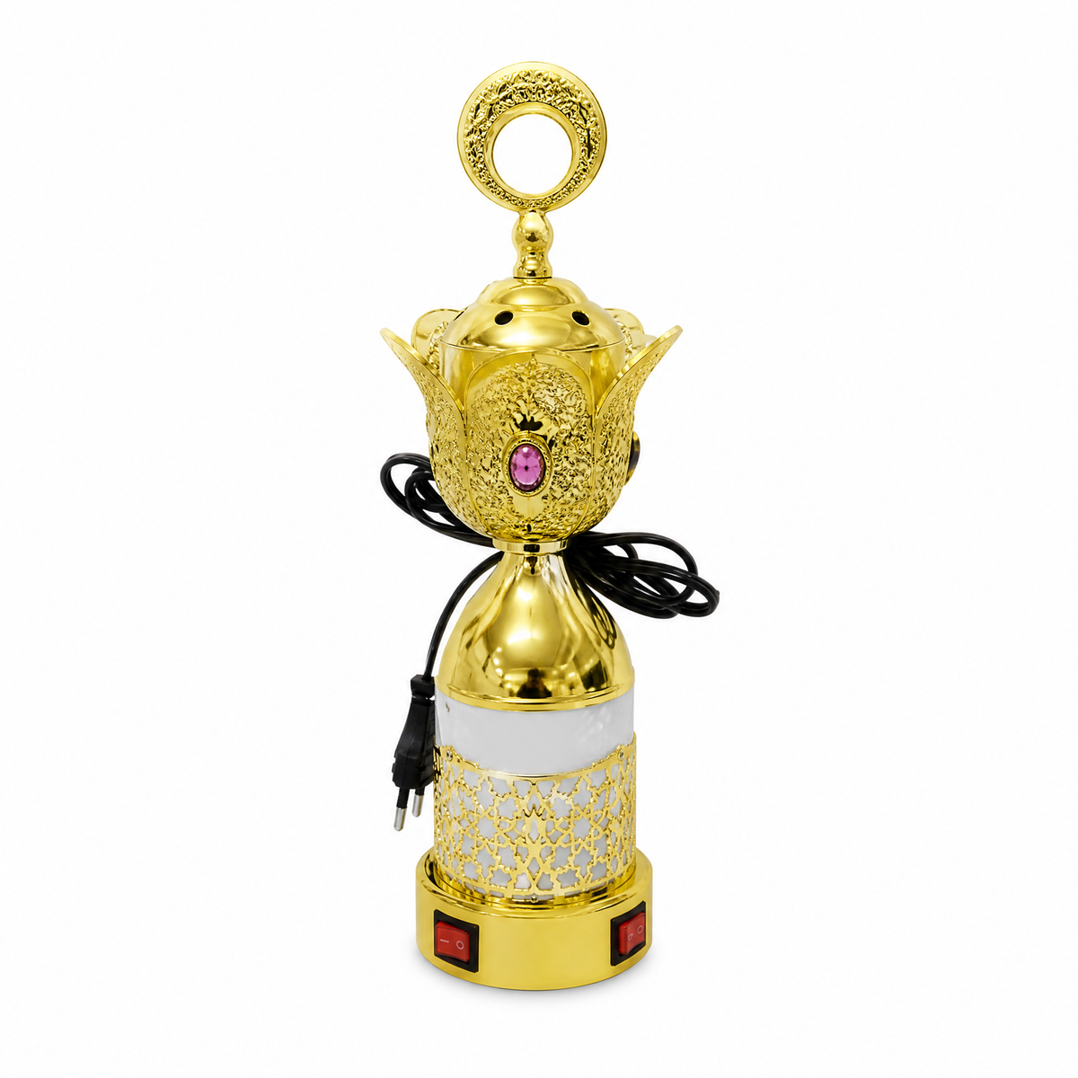 Gold electric incense burner with a ring finial above a white gold-filigree base band, on white