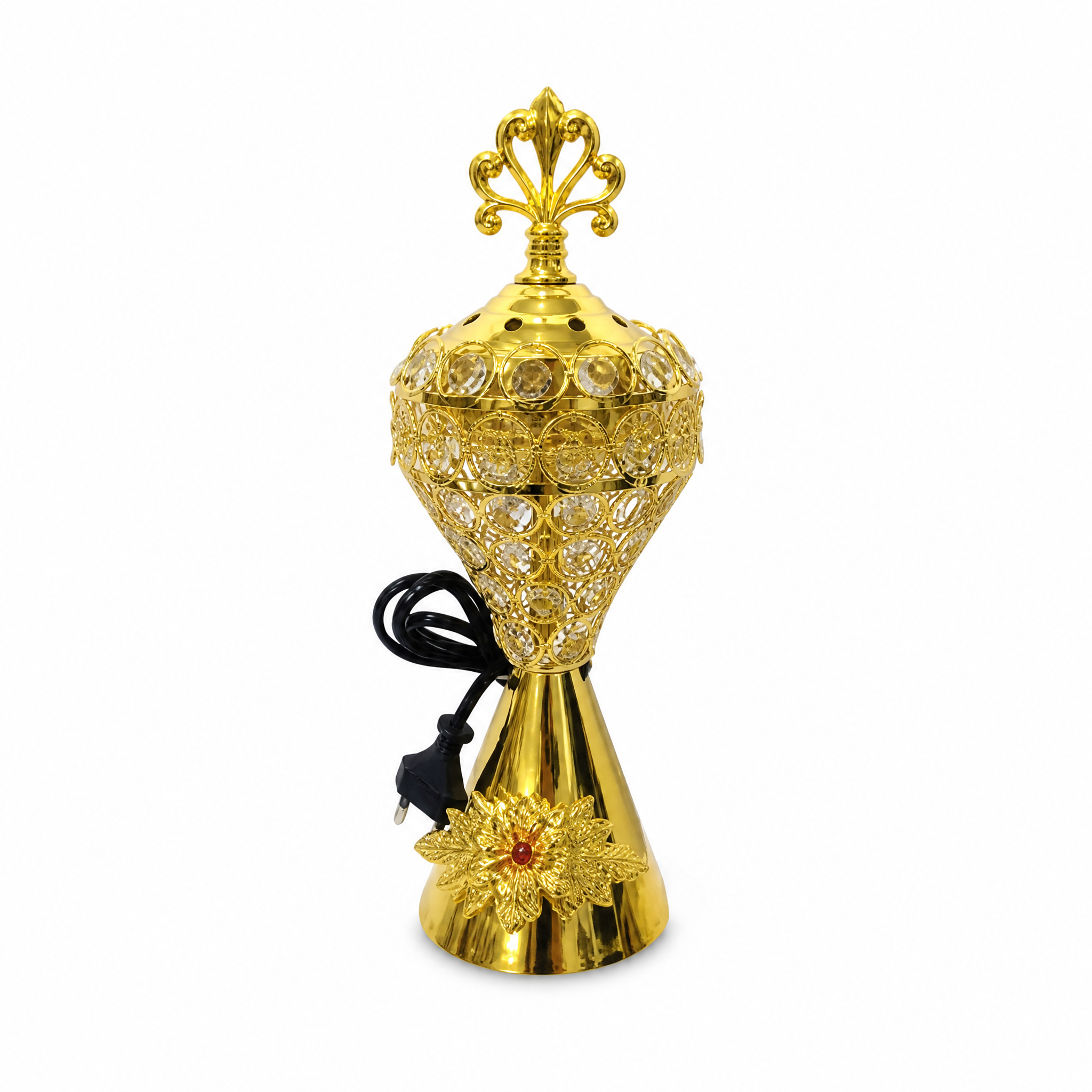 Gold electric incense burner with ornate finial and round base