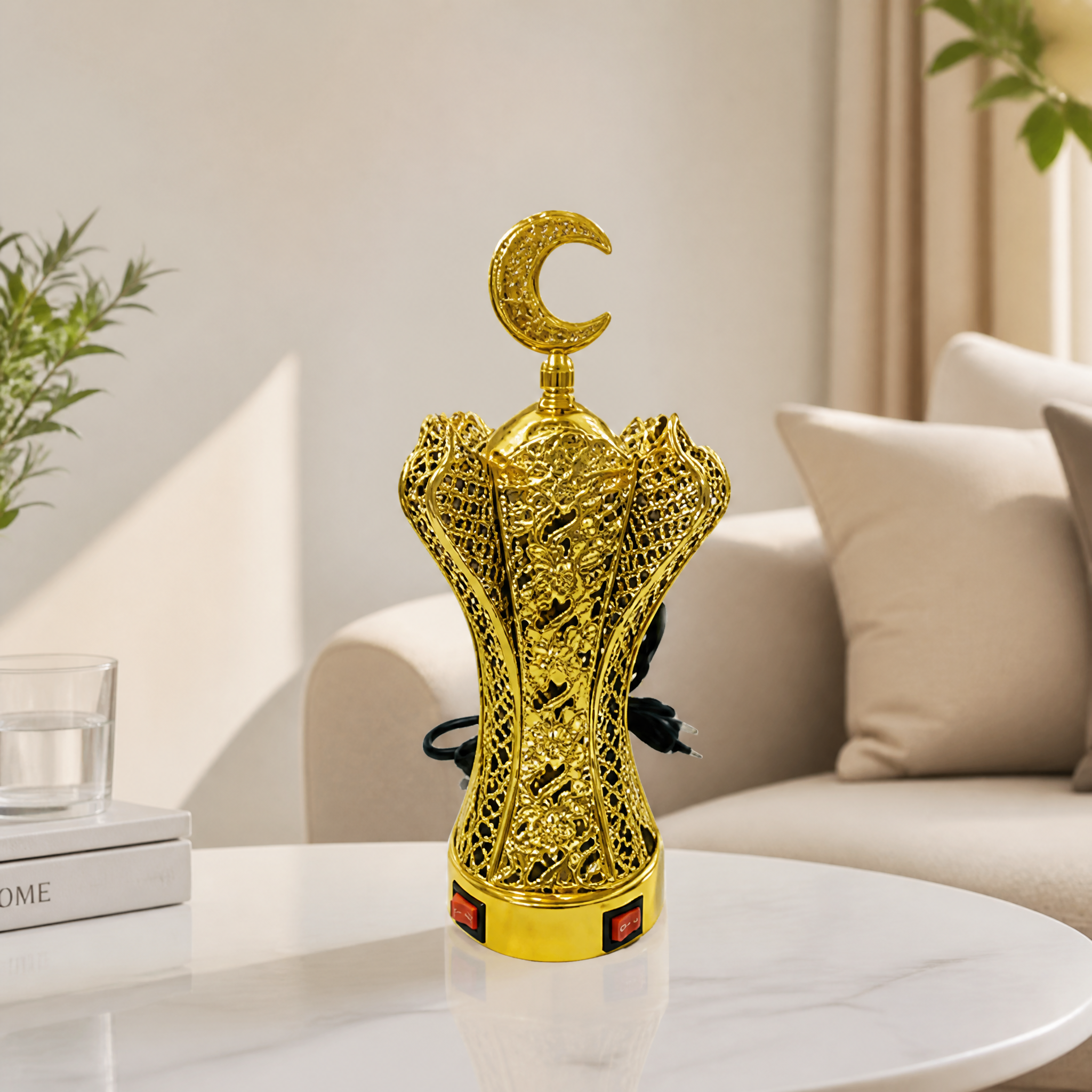Gold electric incense burner with a perforated lattice body