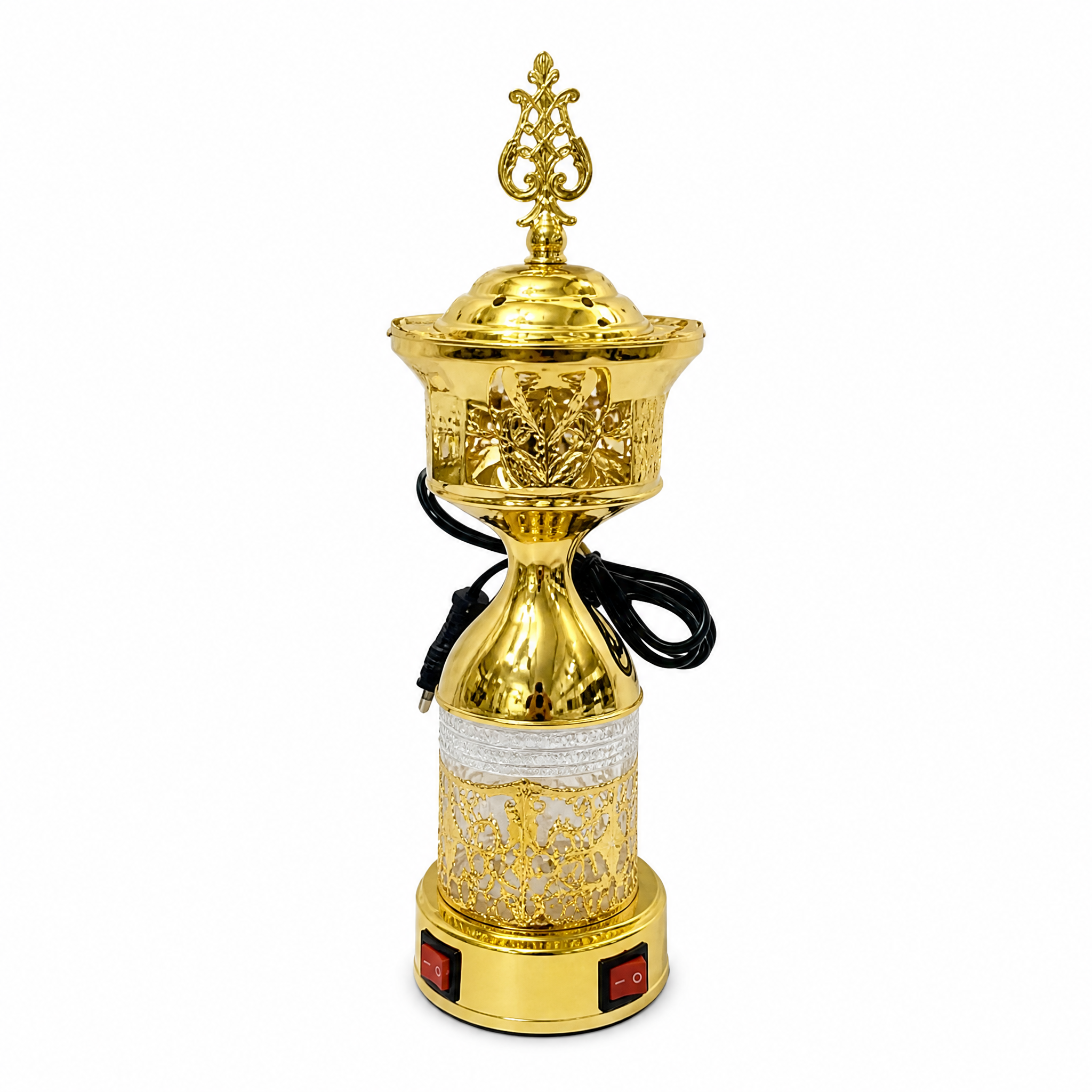 Gold electric incense burner with a spire finial above a white gold-filigree base band