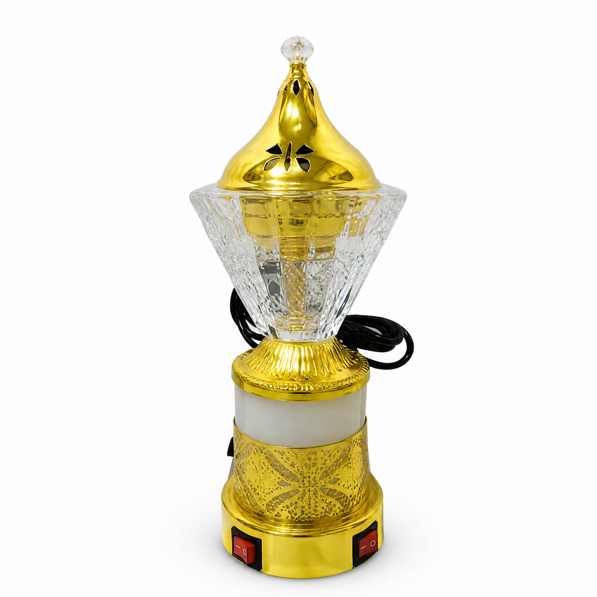Electric incense burner with a clear faceted cone, gold dome lid and engraved gold base