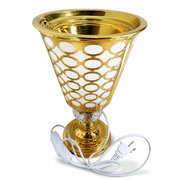 Gold cone-shaped electric burner lamp with white perforated detail and power cord