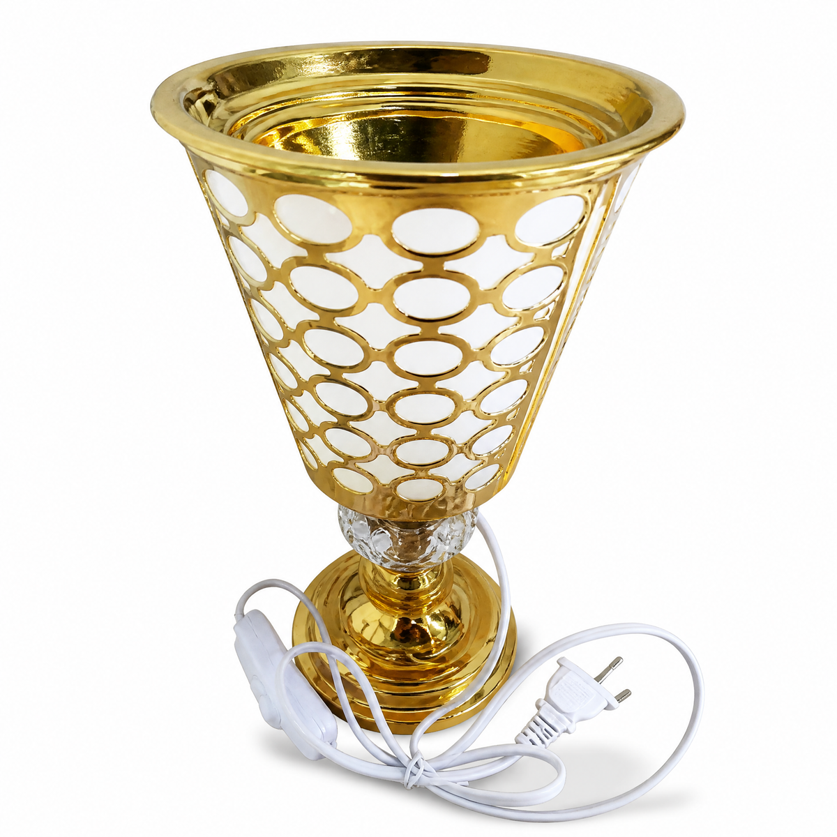 Gold cone-shaped electric burner lamp with white perforated detail and power cord