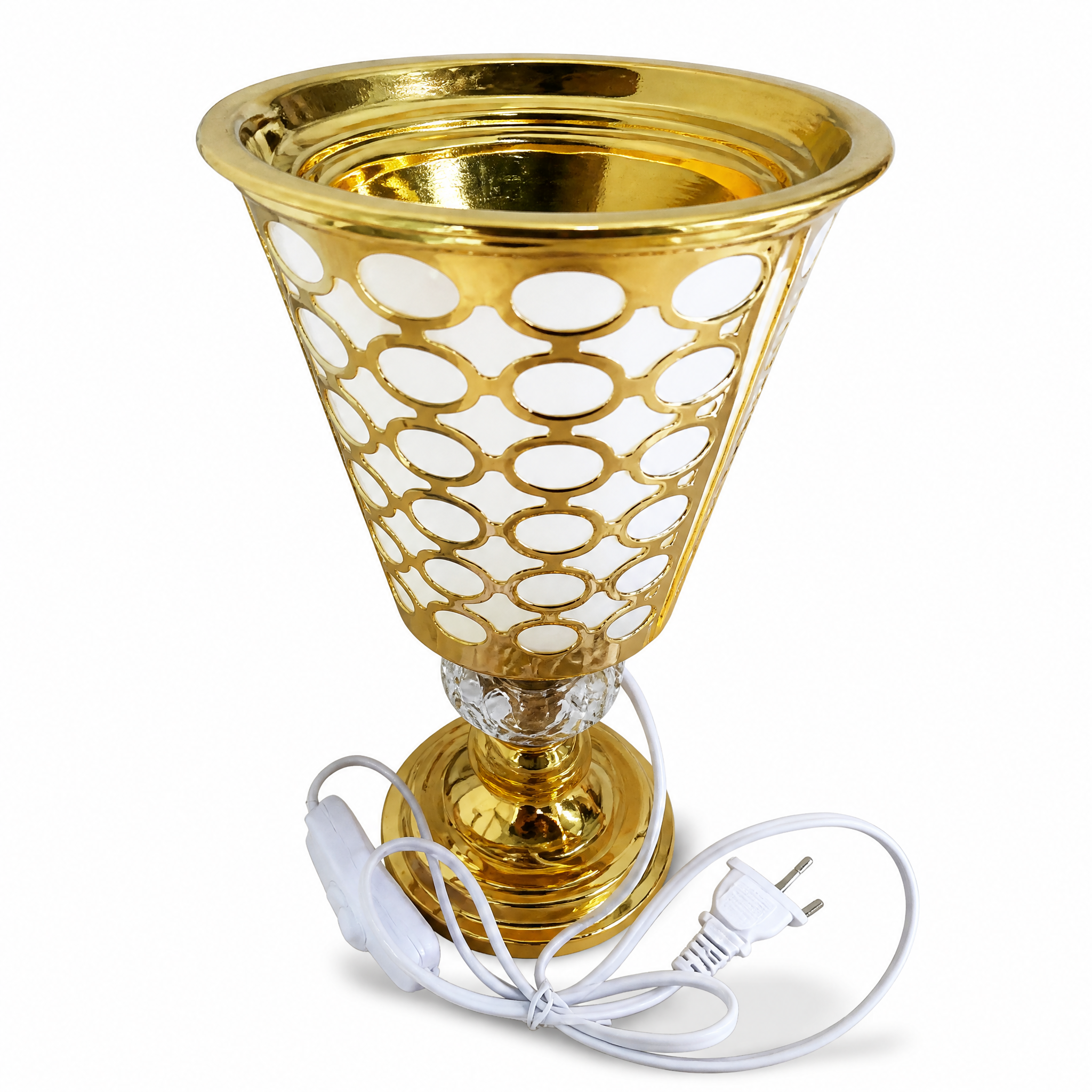 Gold cone-shaped electric burner lamp with white perforated detail and power cord
