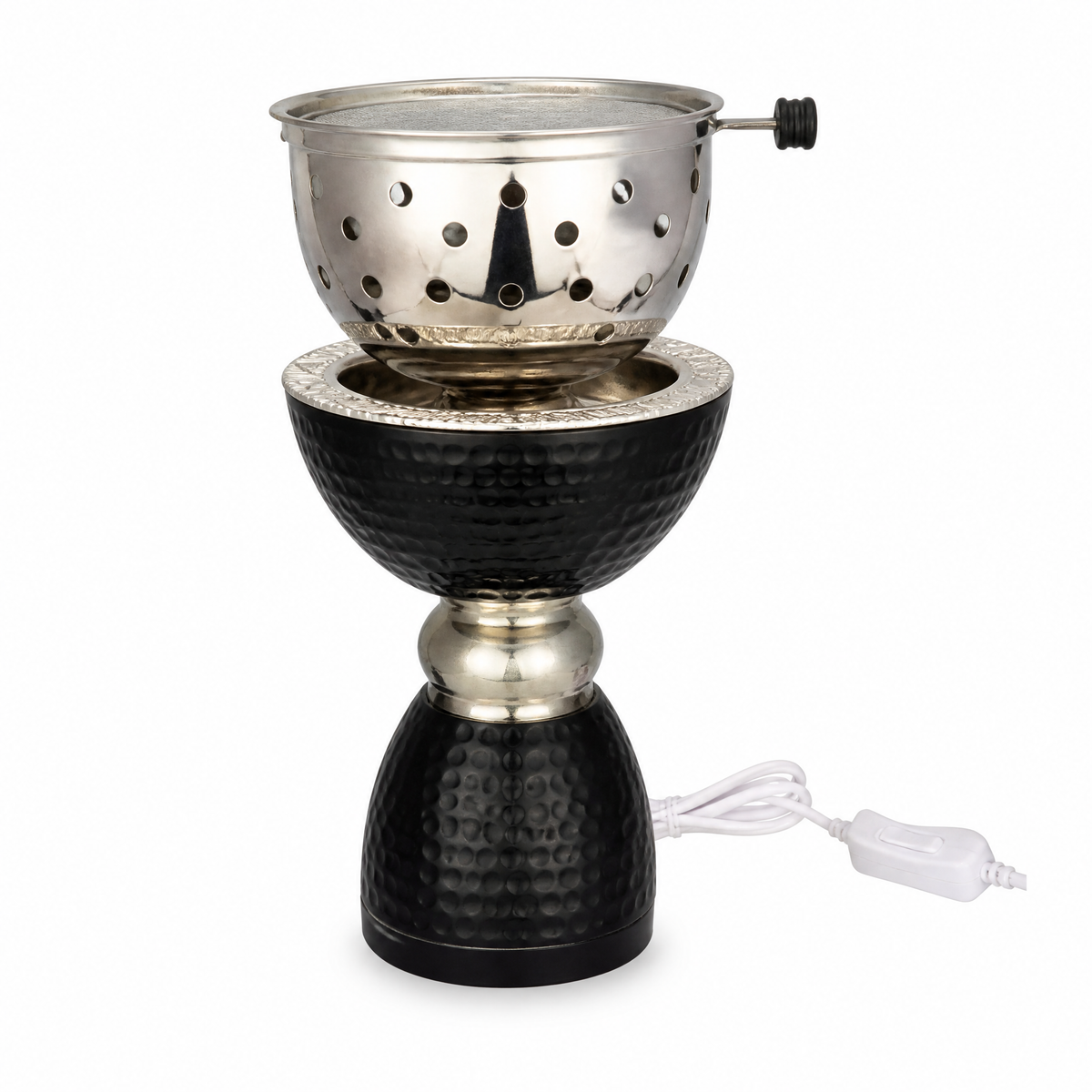Black and silver electric incense burner with a perforated top
