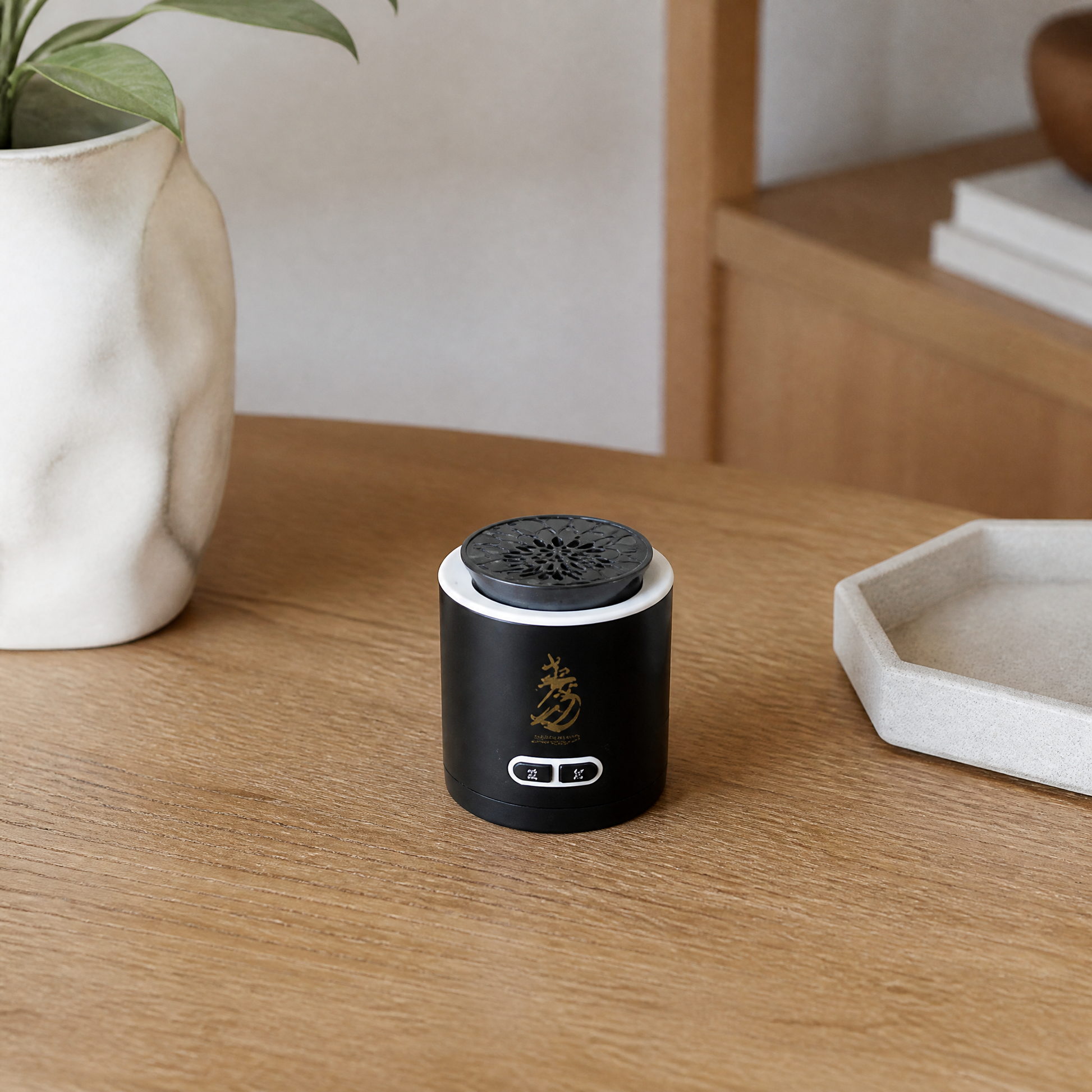 Small black cylindrical device with a perforated top