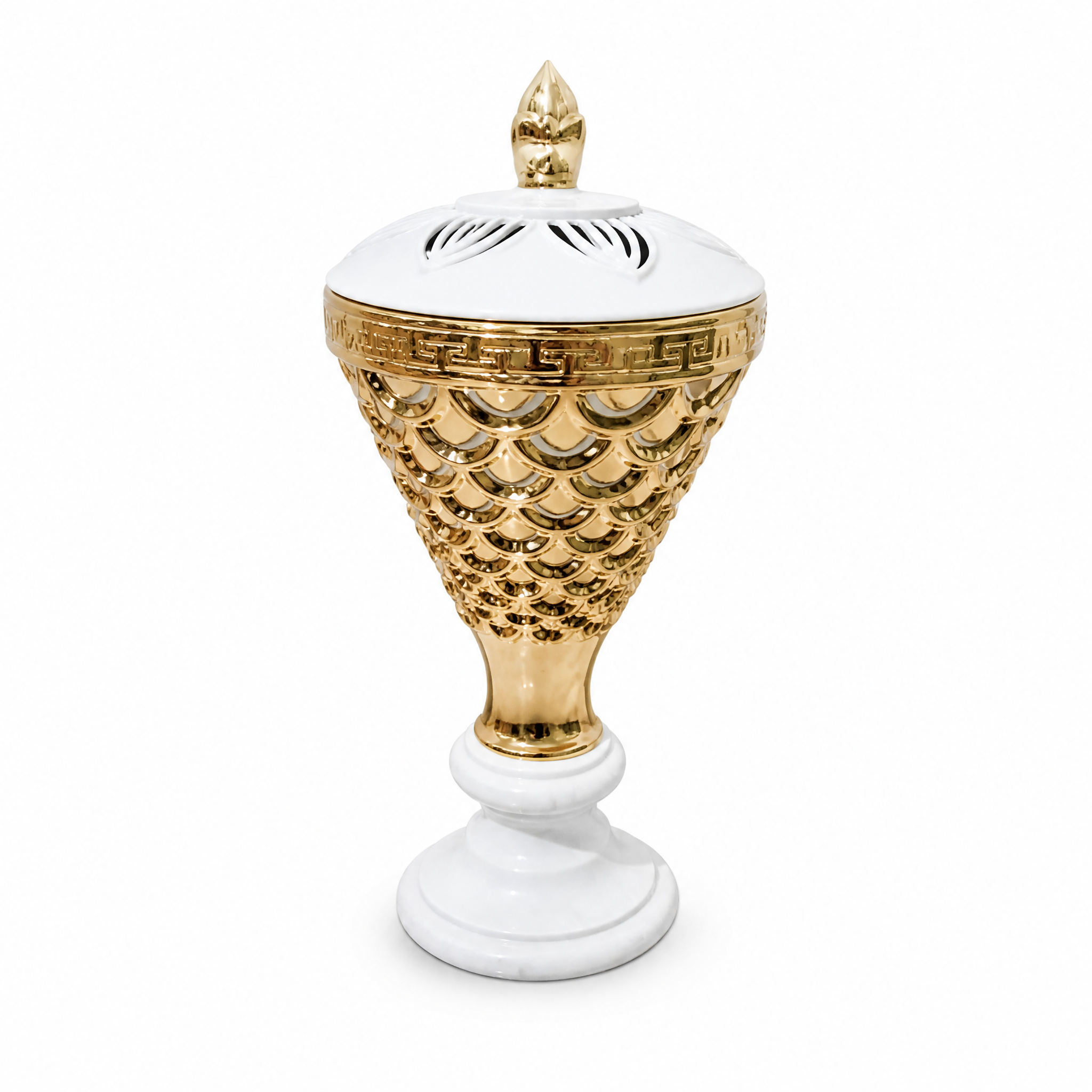 White and gold lidded decorative burner on a pedestal base with a pierced pattern