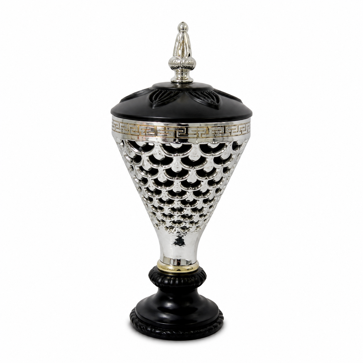 Black and silver lidded decorative burner on a pedestal base with a lattice pattern