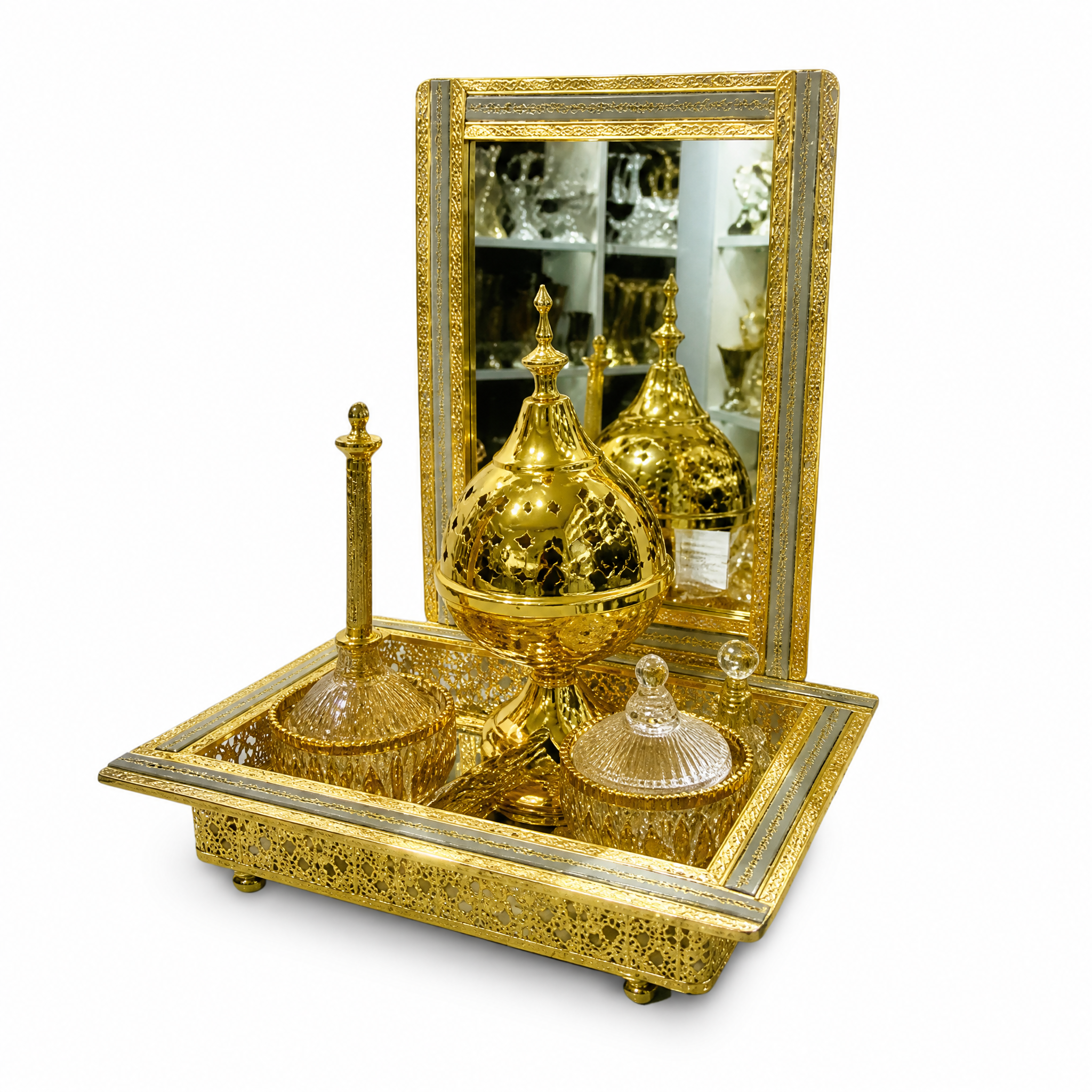 Gold mirrored burner set: gold mirror panel, tray, domed burner, two lidded dishes and a tall bottle