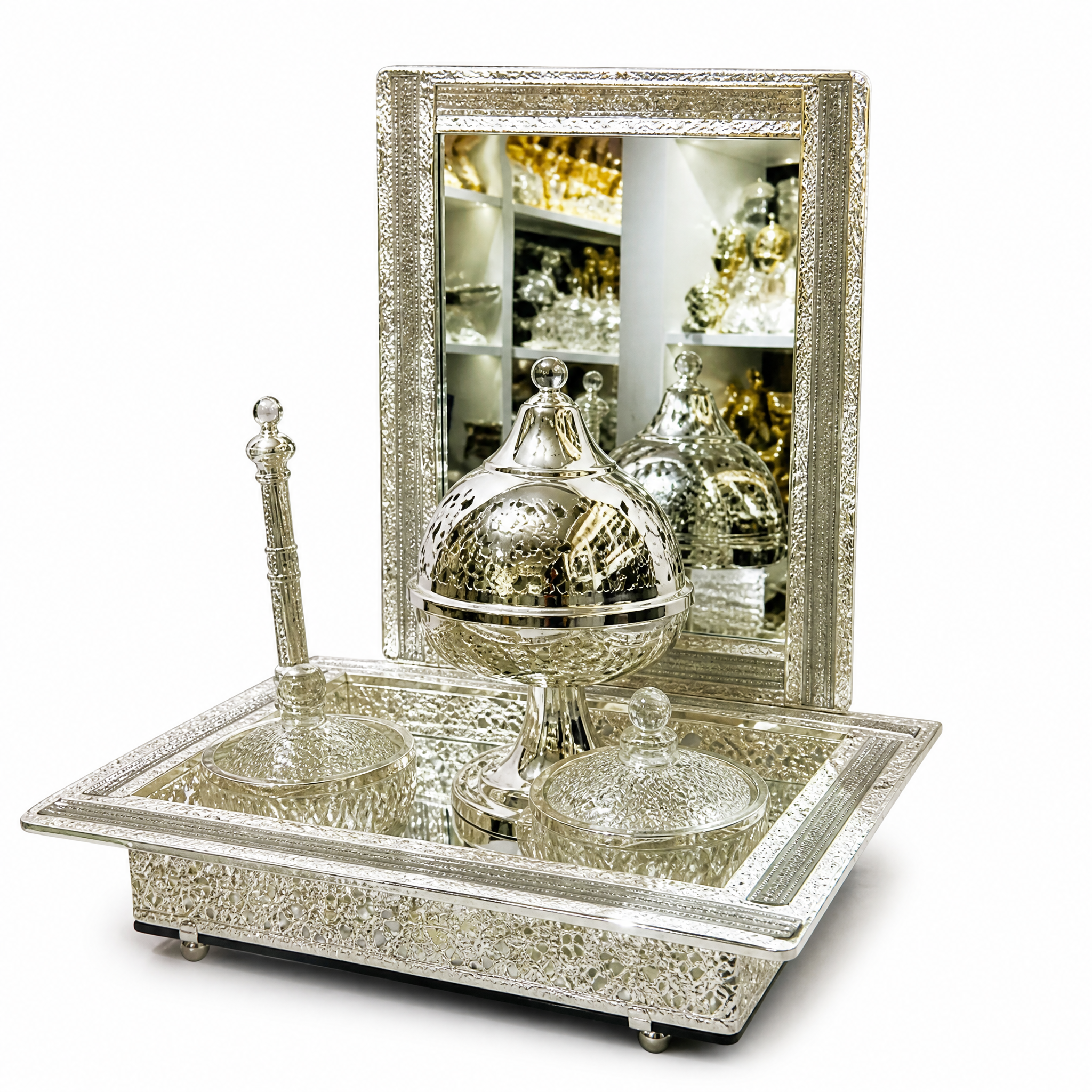 Silver mirrored burner set: mirror panel, footed tray, domed burner, two lidded dishes and a tall bottle