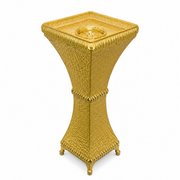 Gold-tone textured floor-standing burner with waisted square column and ball feet, on white background