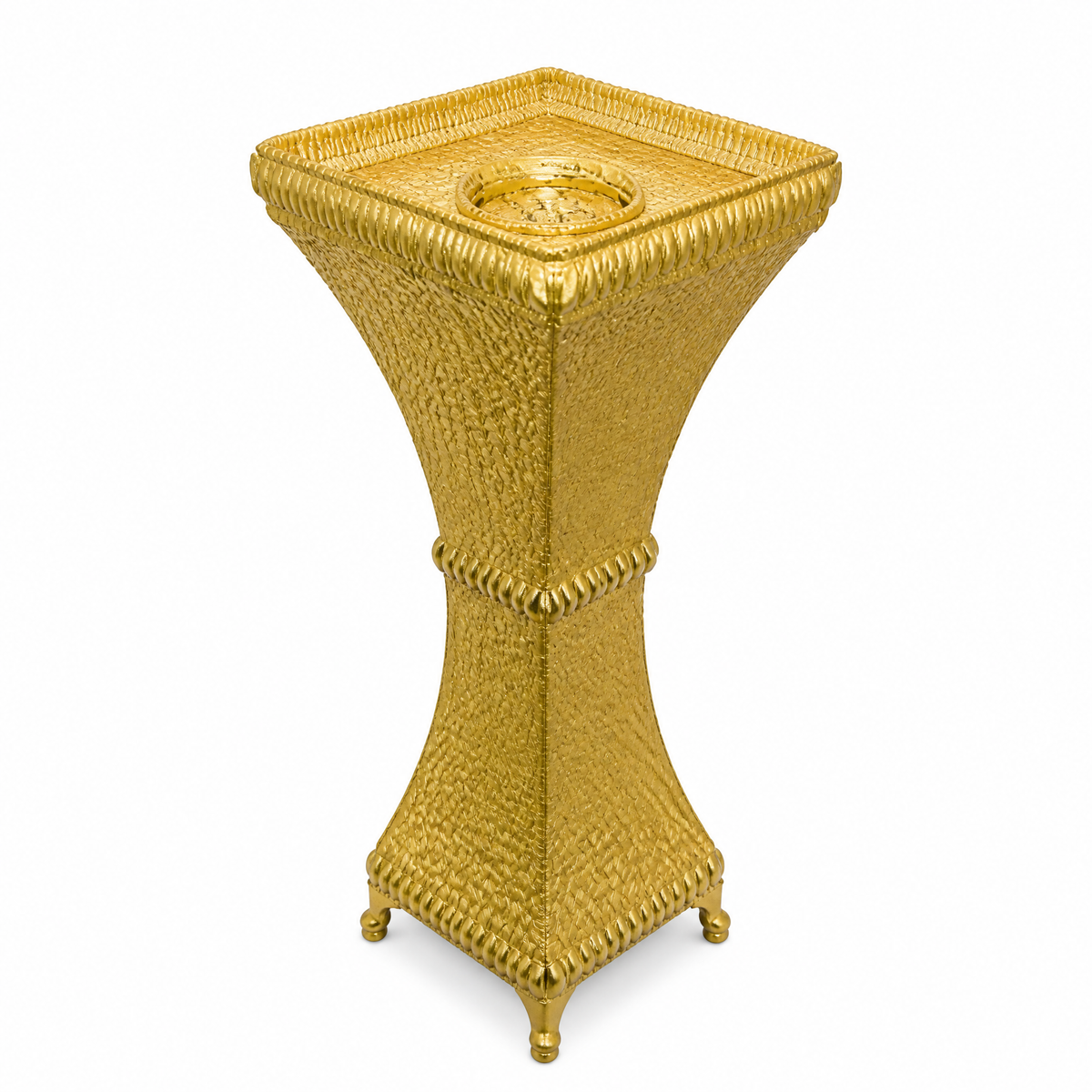 Gold-tone textured floor-standing burner with waisted square column and ball feet, on white background