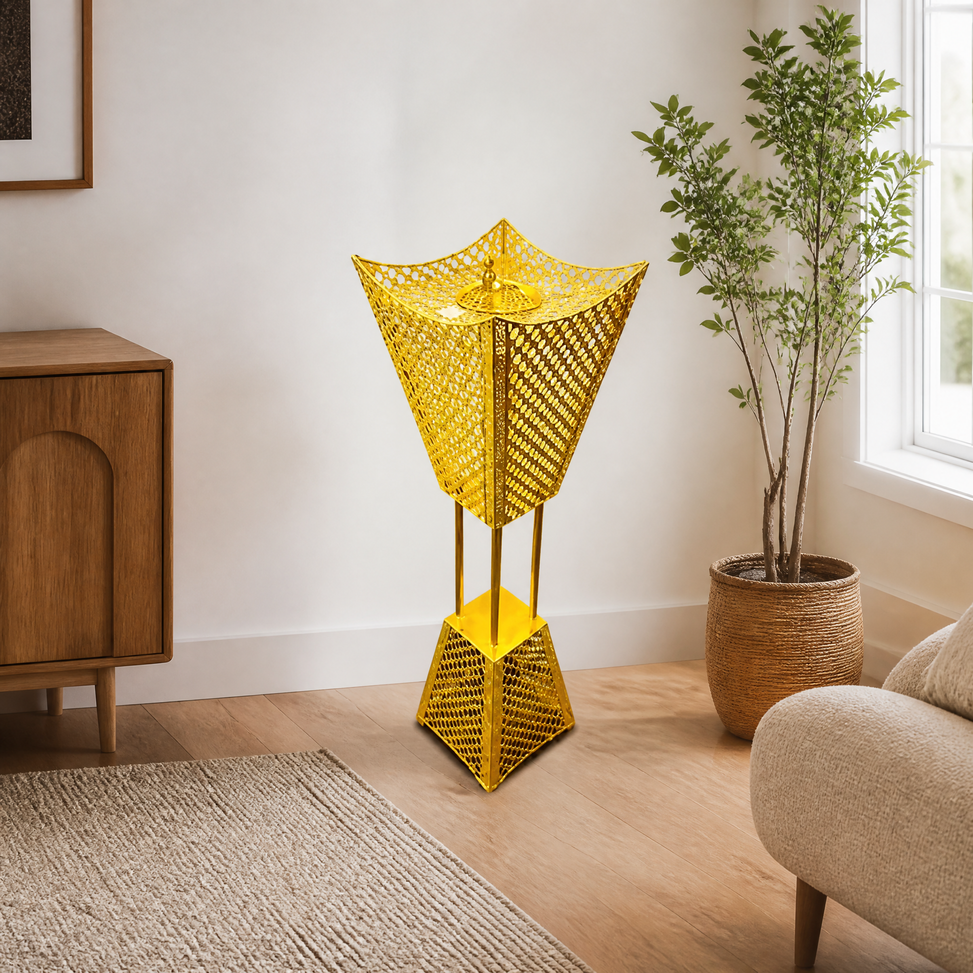 Tall gold mesh floor-standing burner 99 cm