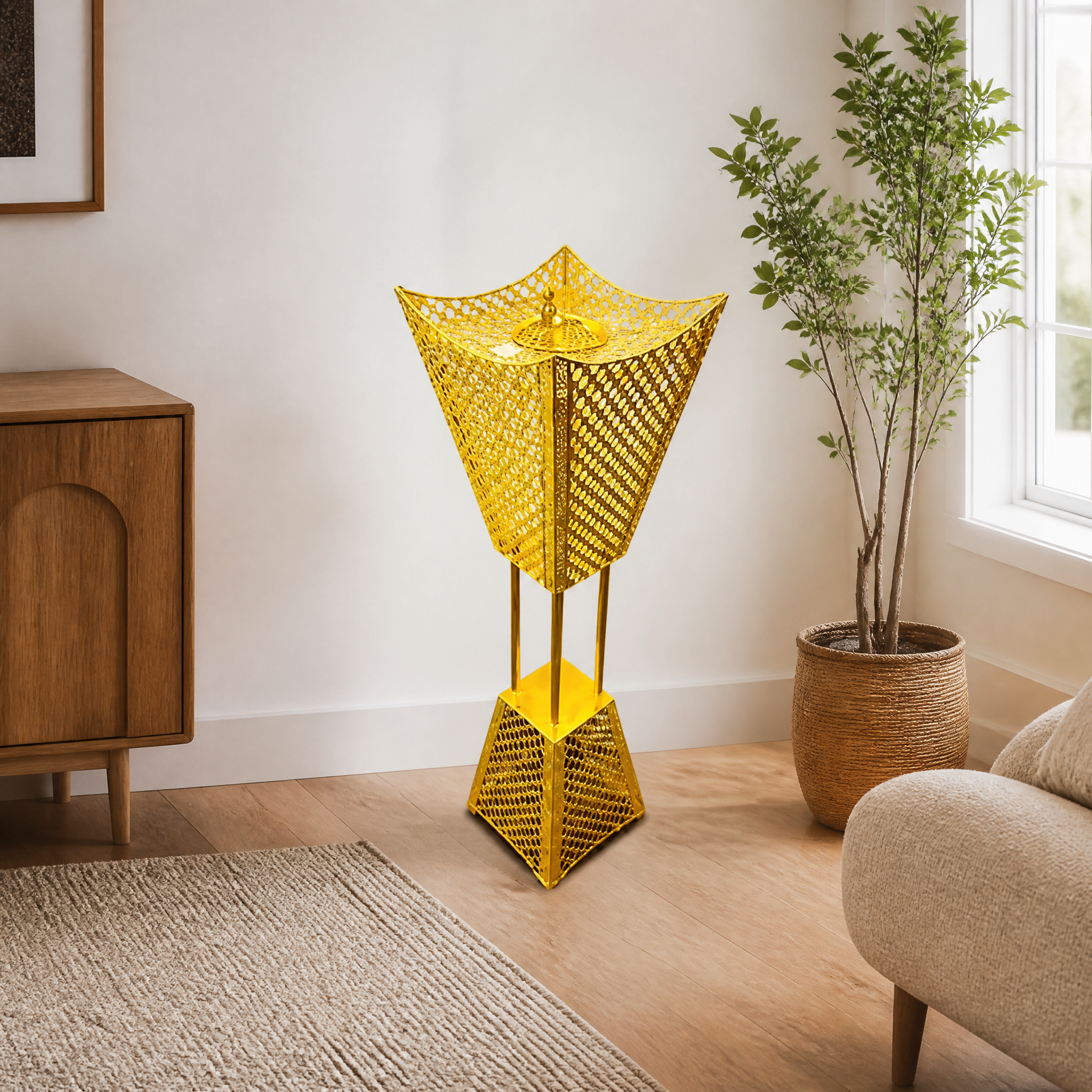 Tall gold mesh floor-standing burner 99 cm