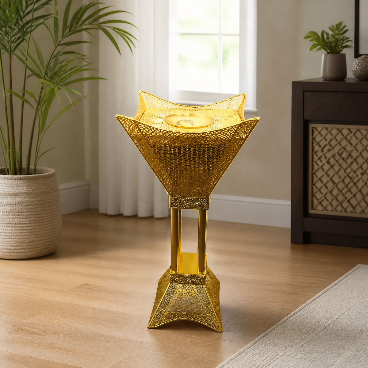 Tall gold mesh floor-standing goblet-shaped burner 96 cm