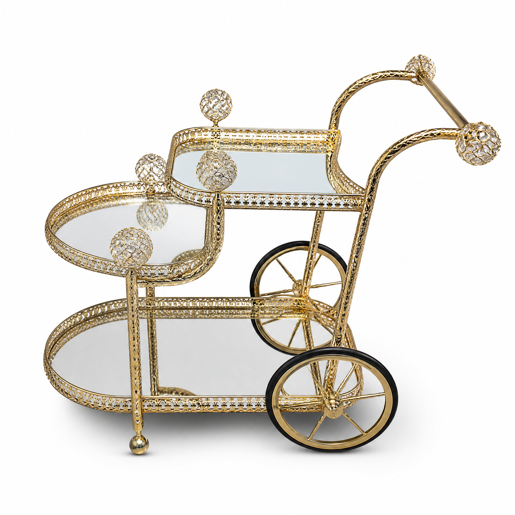 Gold three-tier serving cart with mirrored shelves and two spoked wheels on a white background