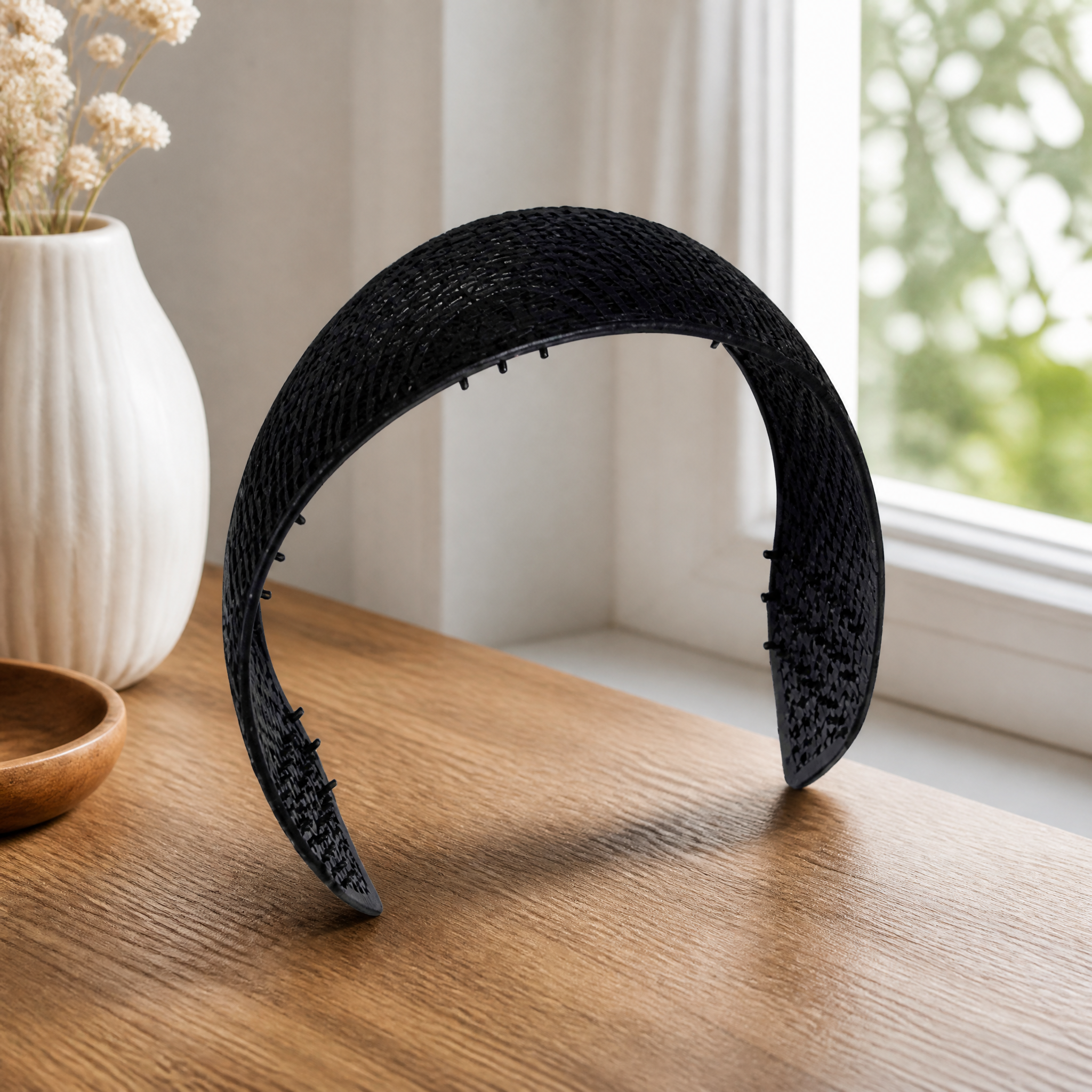 Wide black woven headband standing upright on a wooden table beside a window