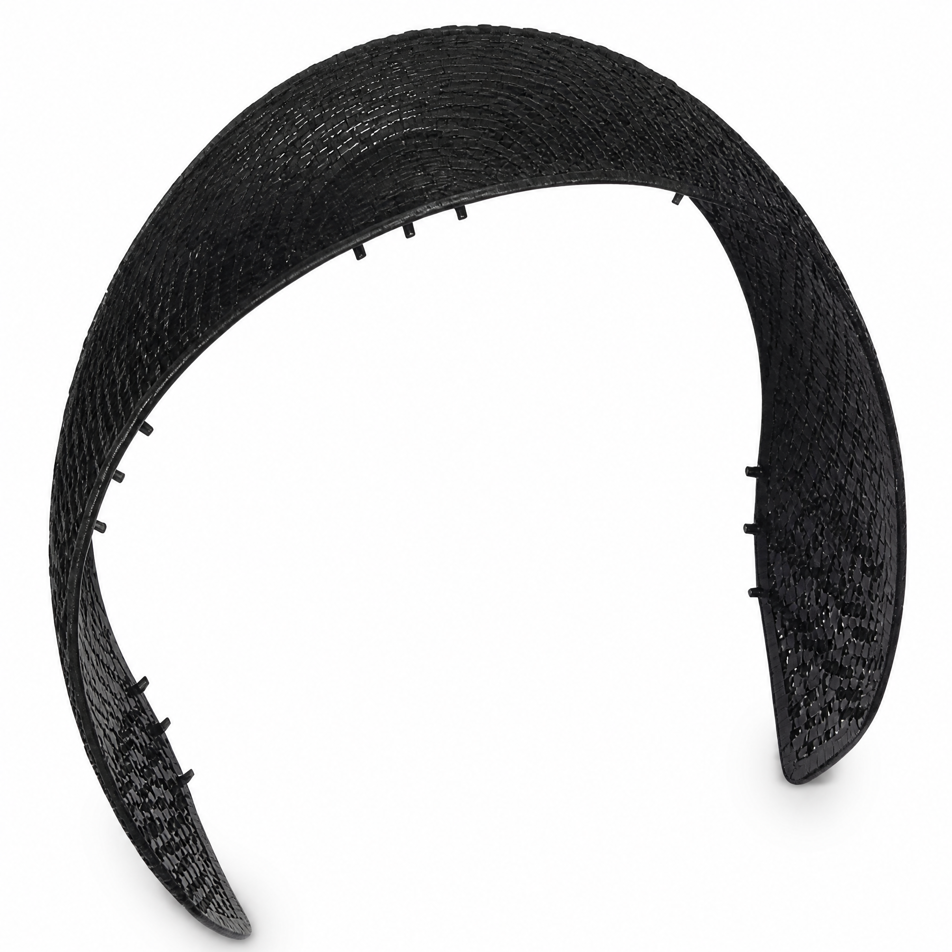 Wide black woven headband with grip teeth along the inner edge, on a white background