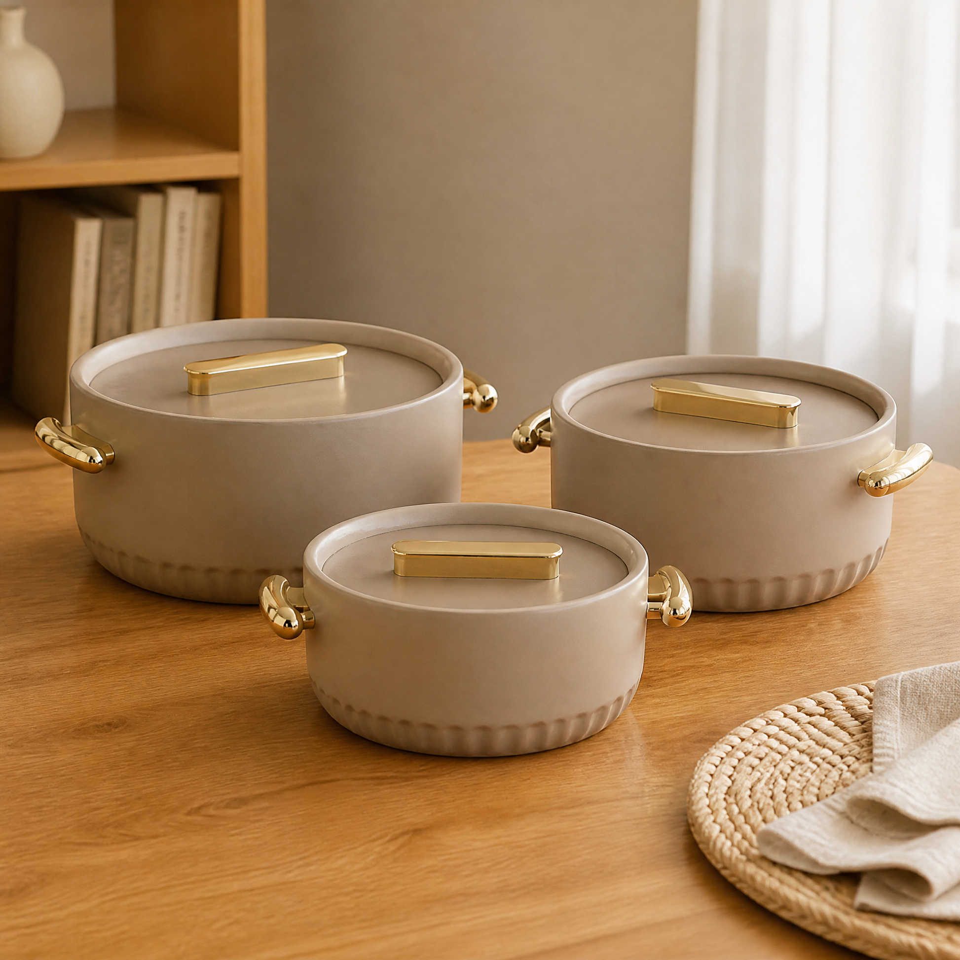 Three taupe lidded food warmers with gold-tone handles arranged on a wooden table