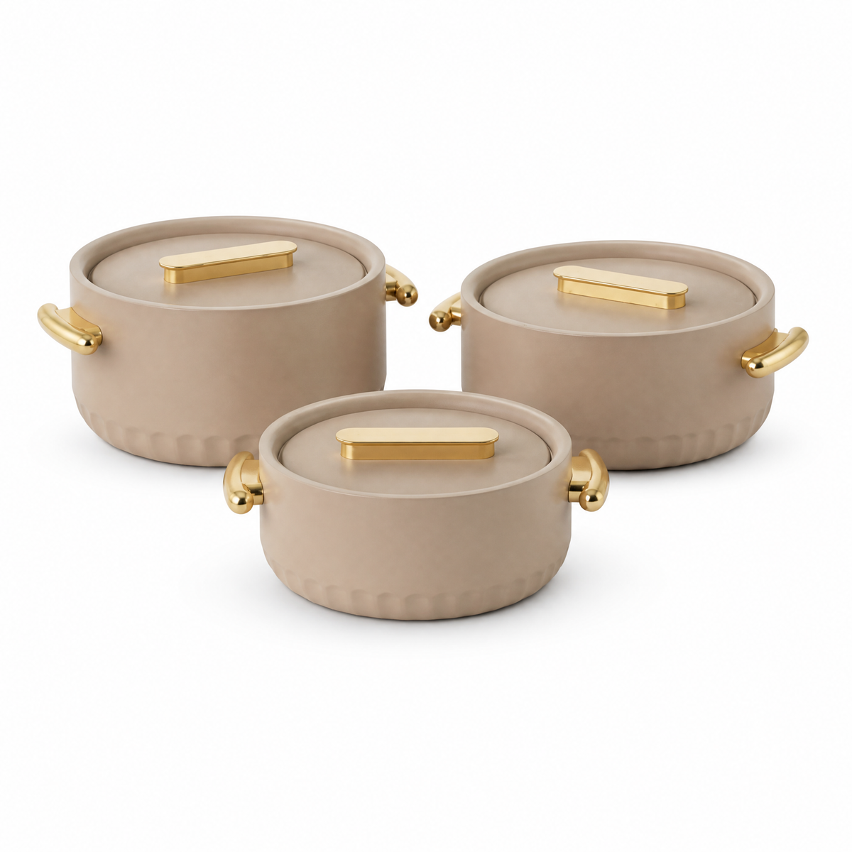 Three taupe lidded food warmers with gold-tone bar and side handles on a white background