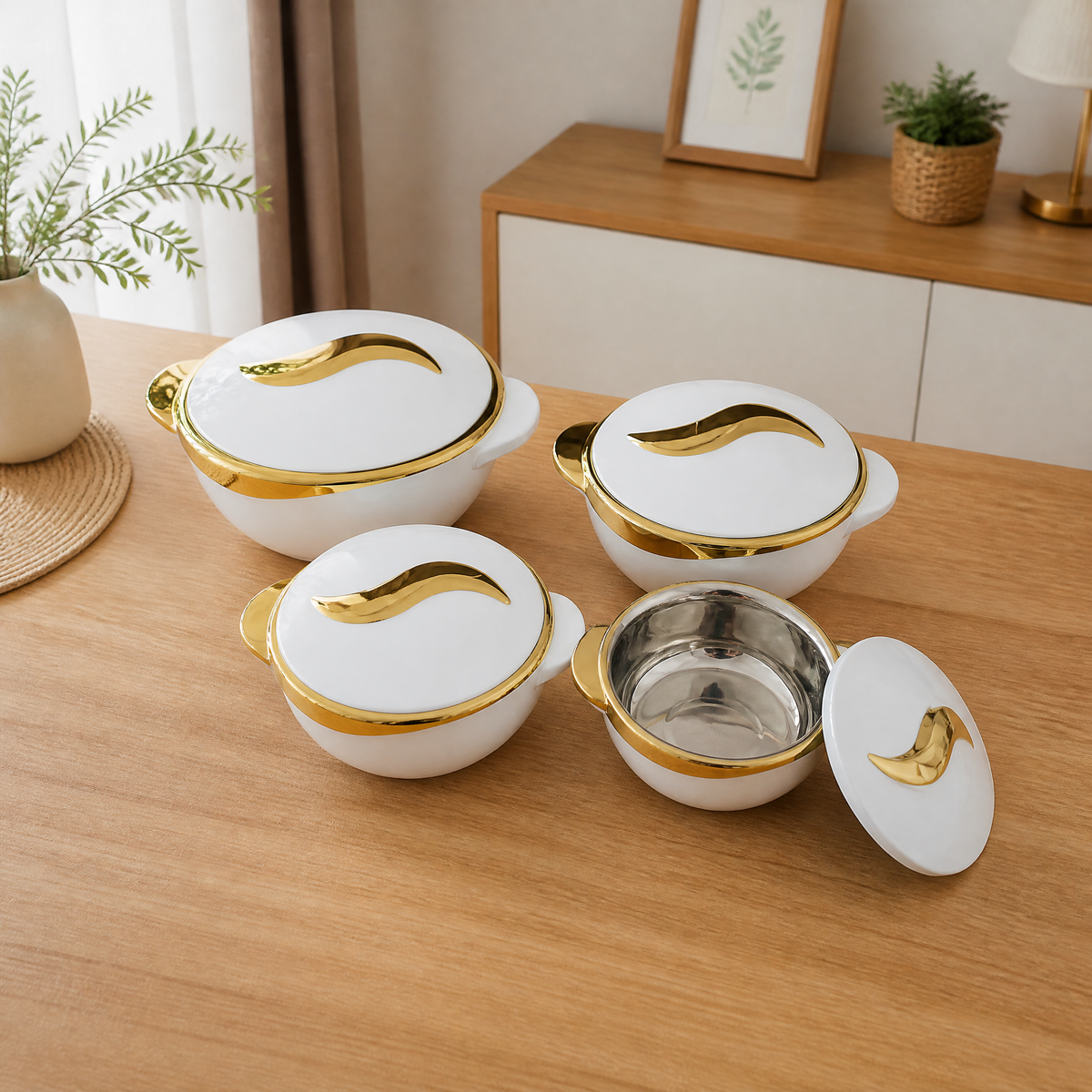 Four white and gold food warmers on a wooden table, the smallest open with its steel liner